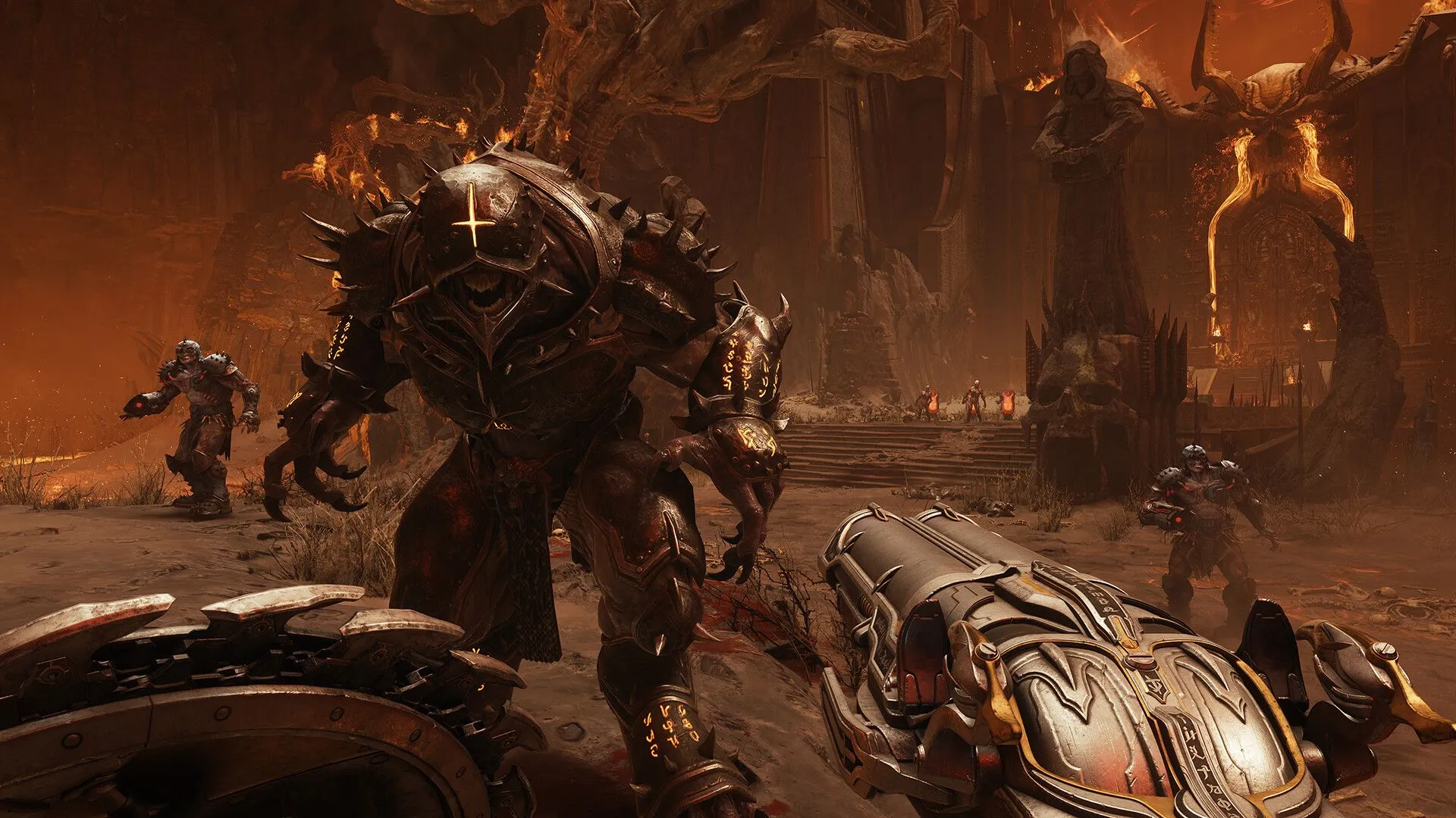 Ảnh screenshot gameplay của DOOM The Dark Ages, cho thấy môi trường game và thiết kế quái vật thời trung cổ.