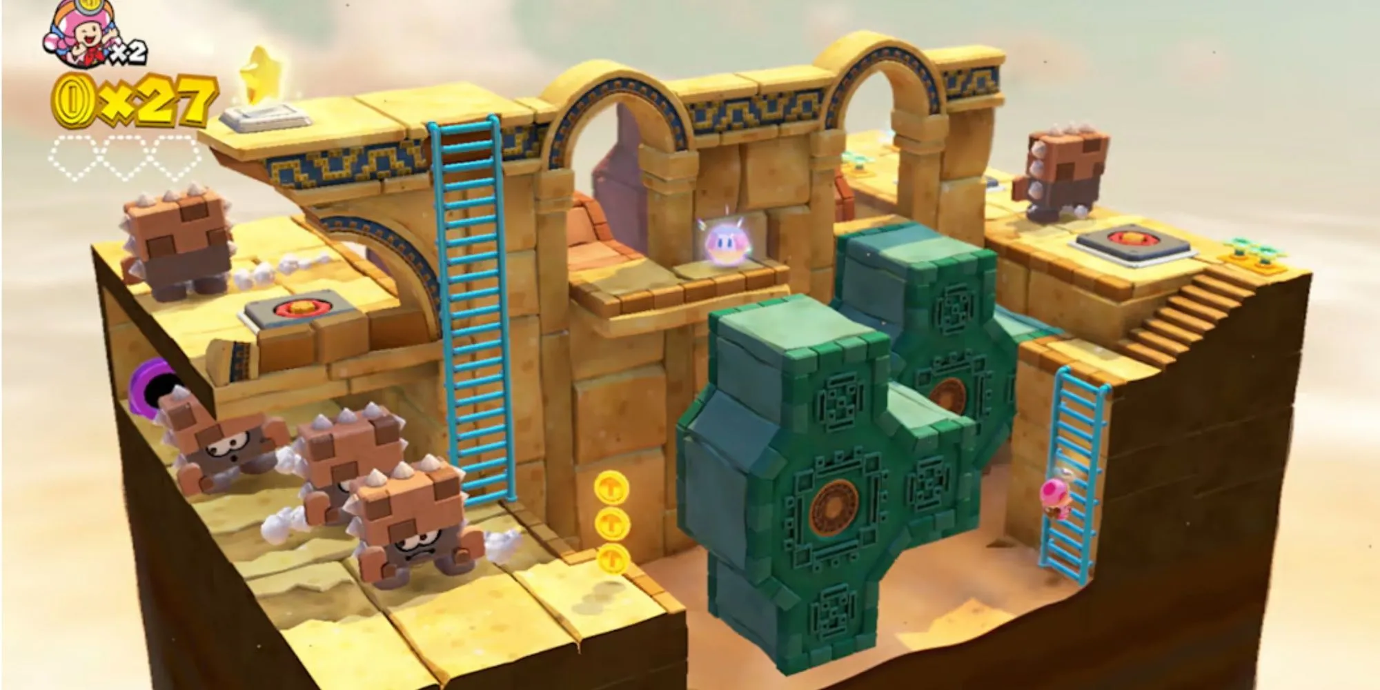 Captain Toad đang khám phá một màn chơi dạng khối hộp 3D trong game Captain Toad: Treasure Tracker