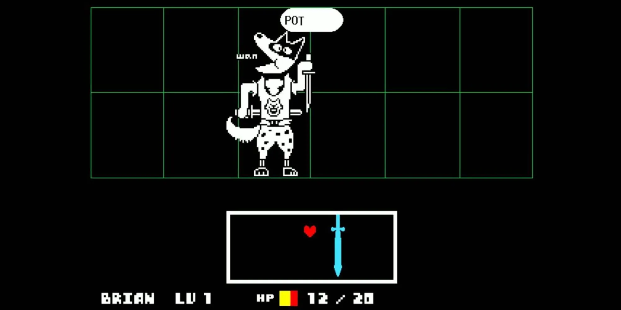 Chú chó mặc áo ba lỗ cầm dao găm với bong bóng thoại trong Undertale