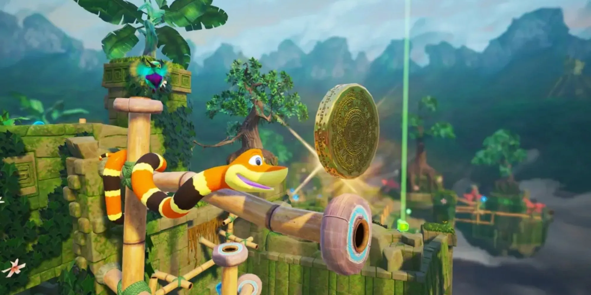 Chú rắn Noodle di chuyển trên cấu trúc tre trong môi trường 3D của game Snake Pass