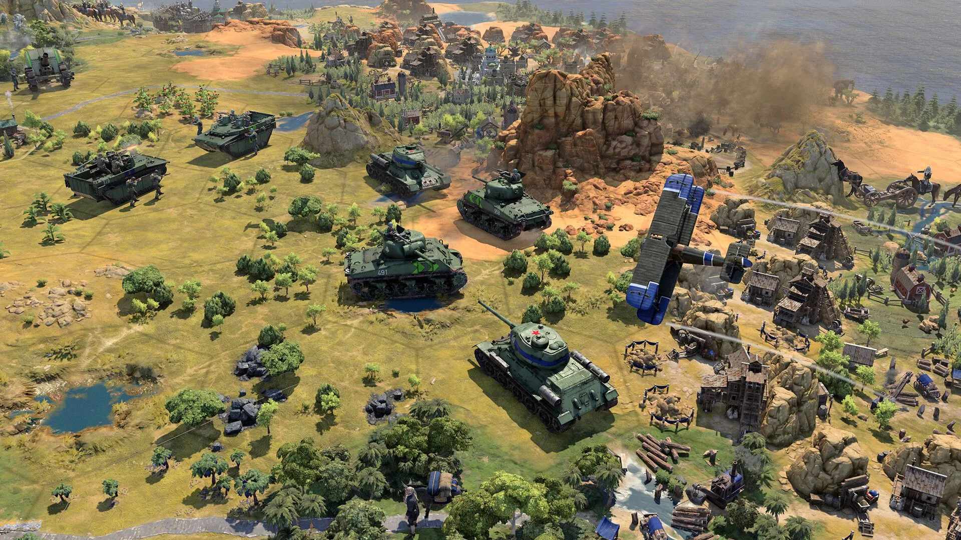 Góc nhìn toàn cảnh bản đồ Civilization 7, với các thành phố và địa hình.