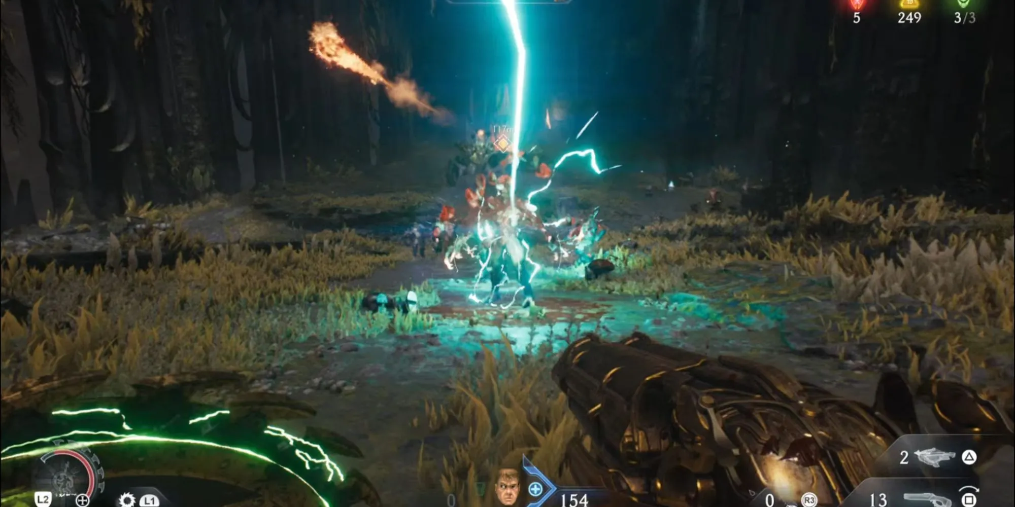 Hiệu ứng Heaven Splitter Rune với sét đánh trong DOOM The Dark Ages