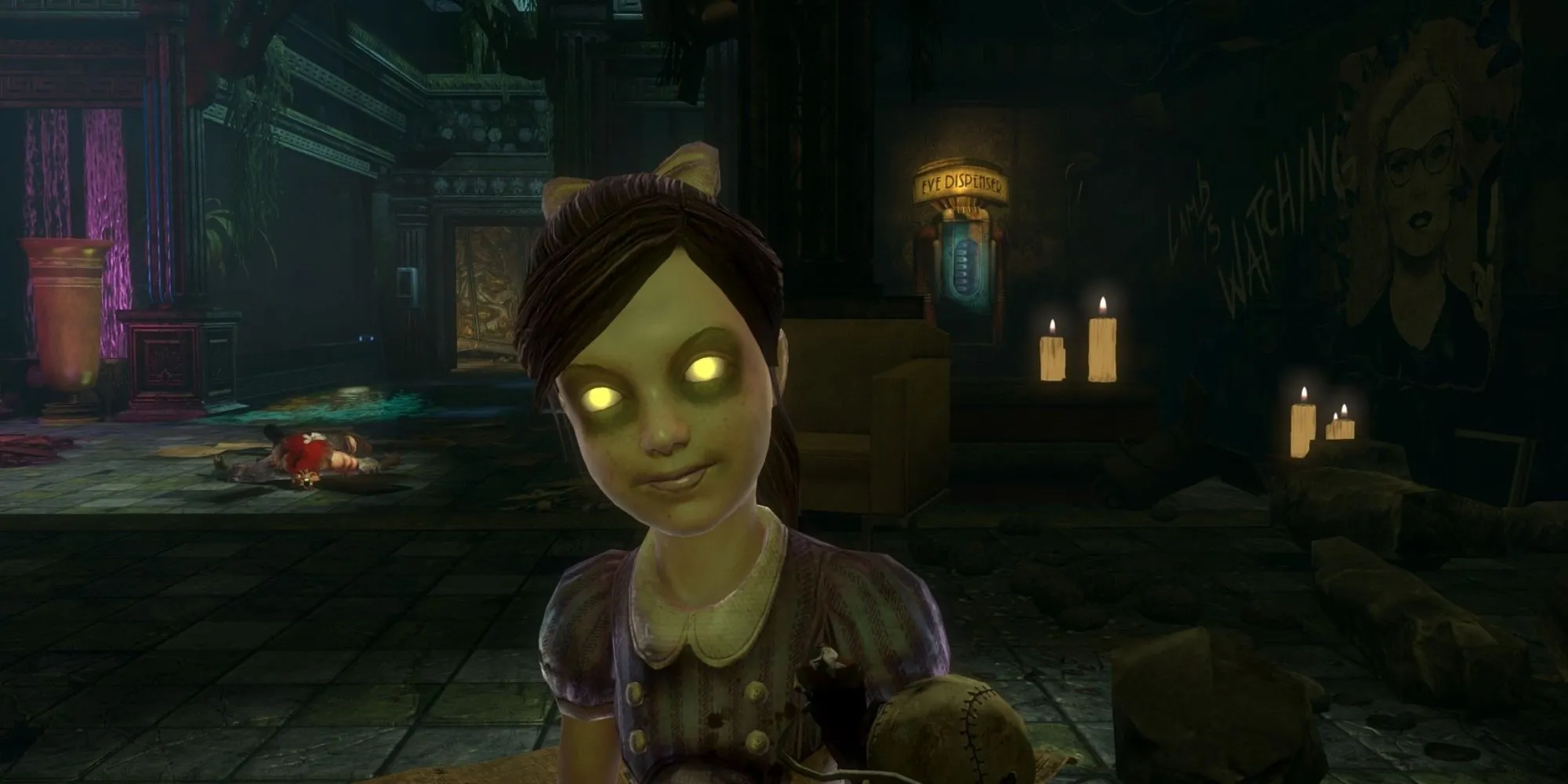 Hình ảnh đặc trưng của BioShock 2, với nhân vật Big Daddy và Little Sister trong môi trường thành phố dưới nước Rapture