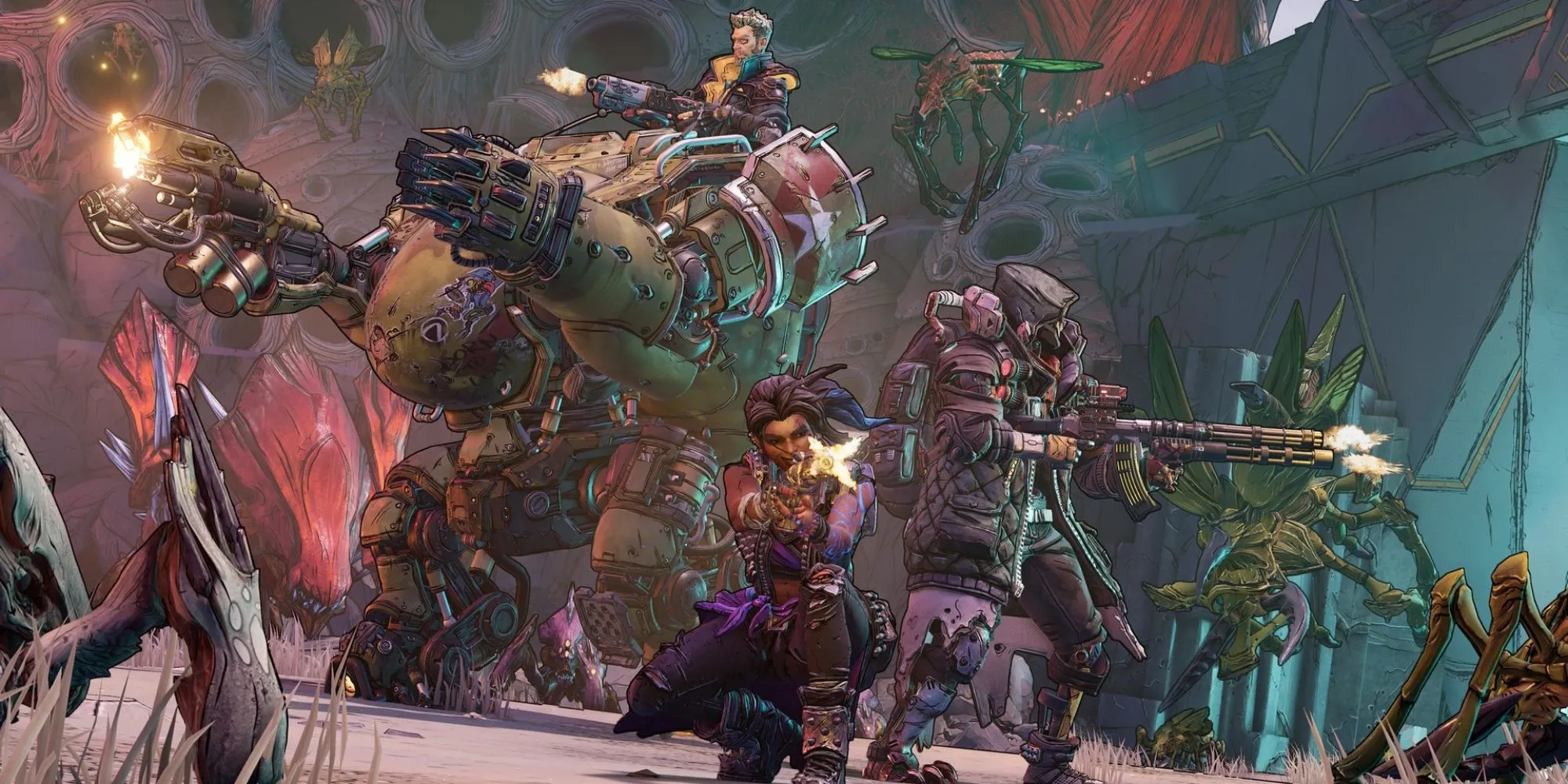 Hình ảnh gameplay từ Borderlands 3 thể hiện phong cách đồ họa cel-shading đặc trưng và hành động bắn súng hỗn loạn