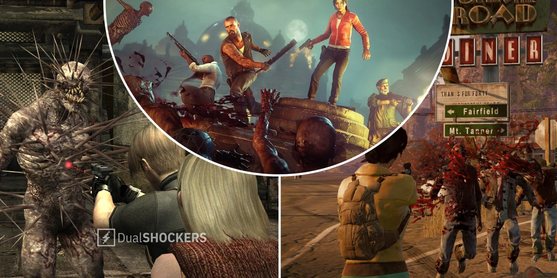 Hình ảnh từ các game zombie nổi tiếng như Resident Evil 4, Left 4 Dead và State of Decay.