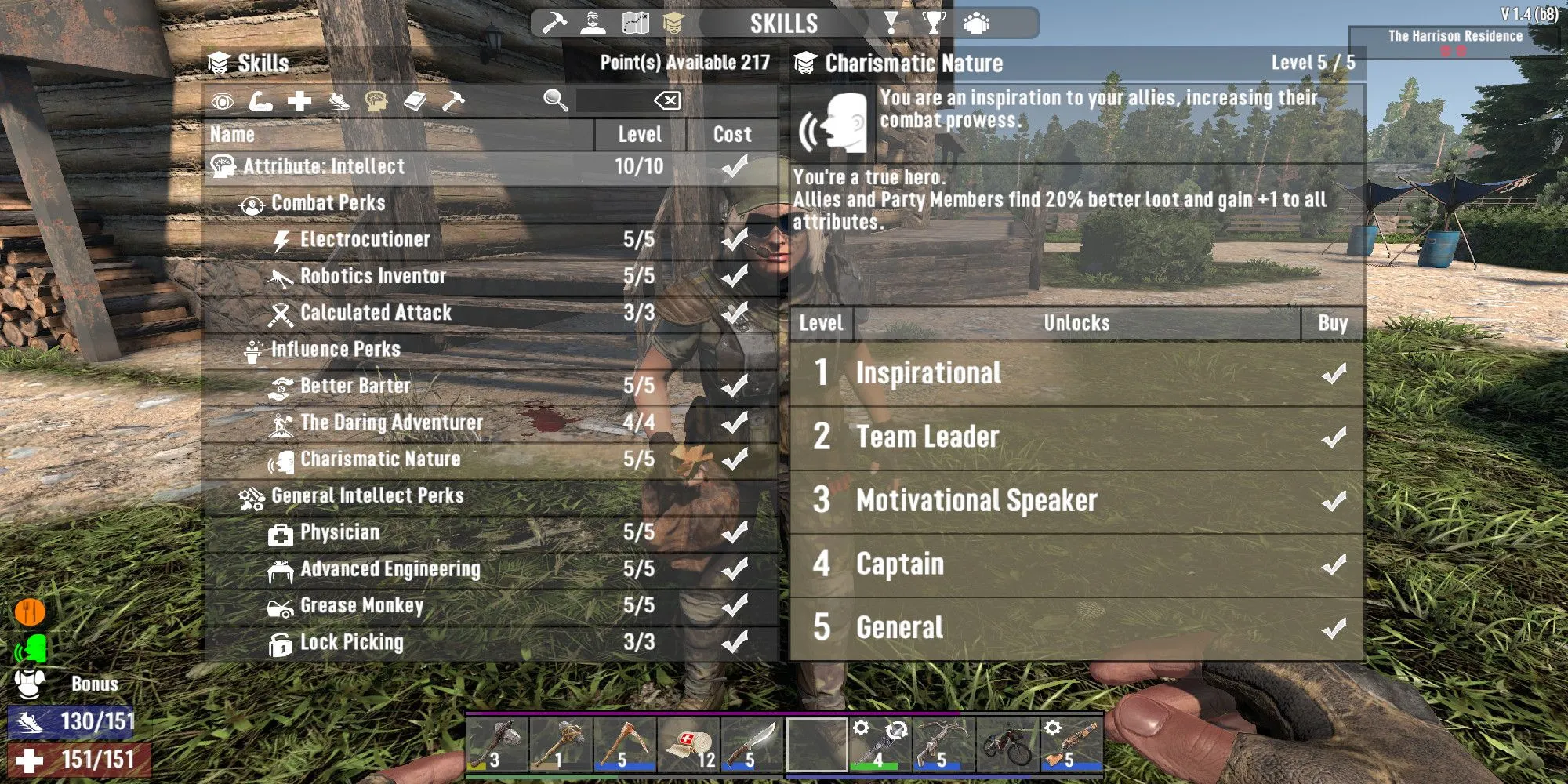 Icon và giao diện hiển thị perk Charismatic Nature (Thu hút) trong 7 Days to Die.