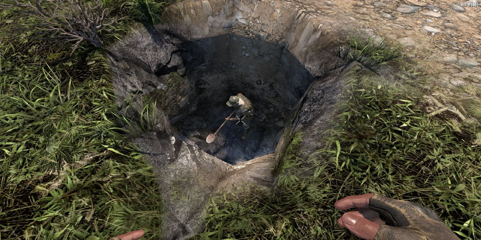 Người chơi đang đào đất tìm kho báu, minh họa cho perk Treasure Hunter (Thợ săn kho báu) trong 7 Days to Die.