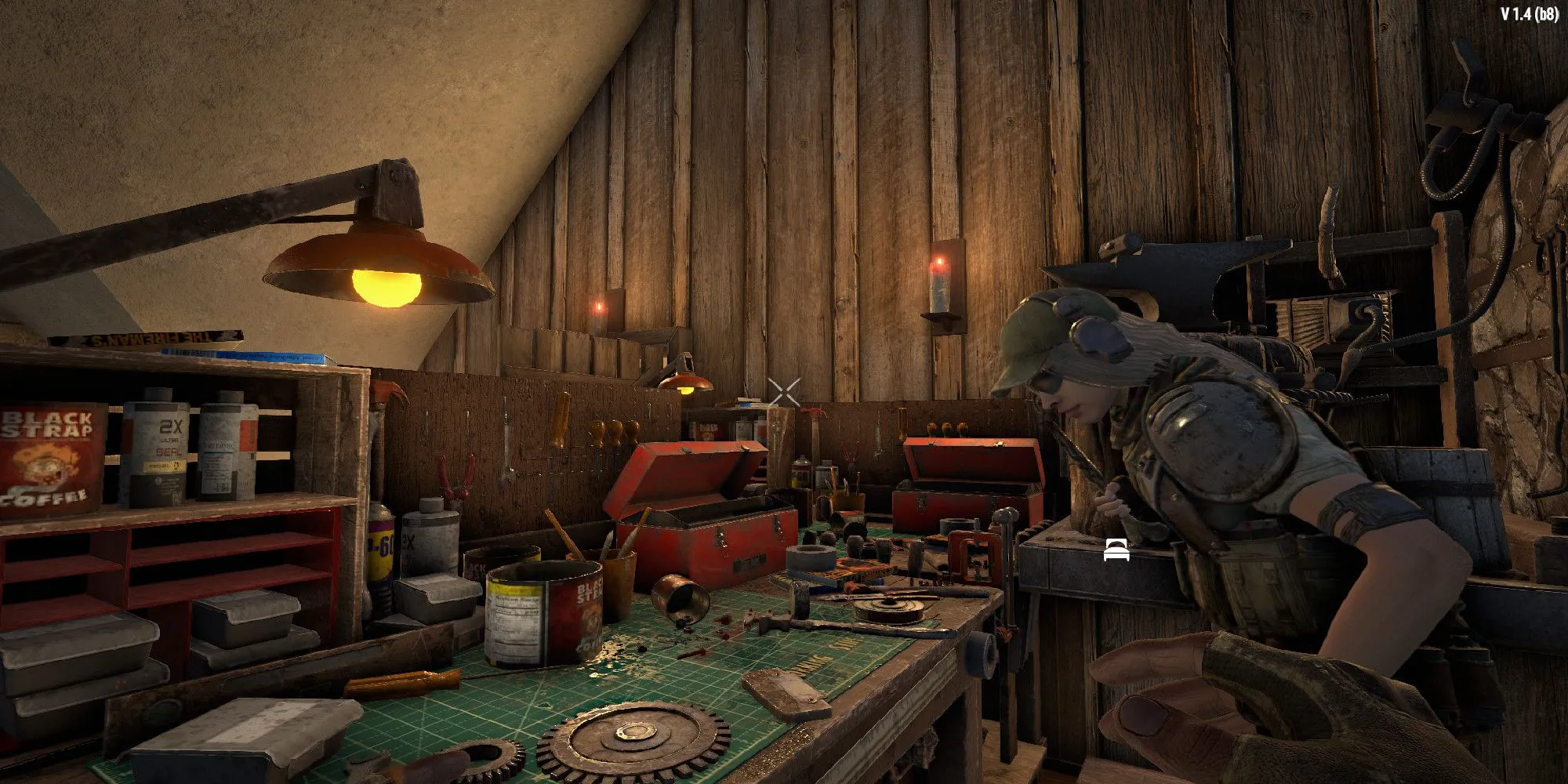 Người chơi đang làm việc tại bàn chế tạo (workbench), minh họa cho perk Advanced Engineering (Kỹ sư nâng cao) trong 7 Days to Die.