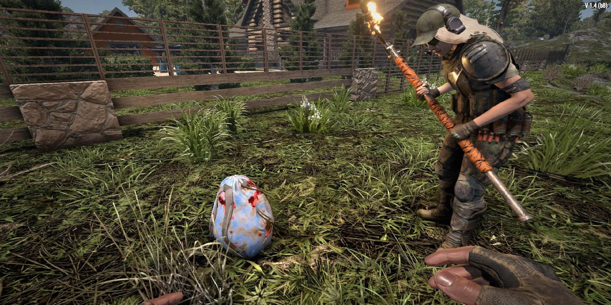 Người chơi đang nhặt đồ từ túi rơi, minh họa cho perk Lucky Looter (Người may mắn) trong 7 Days to Die.