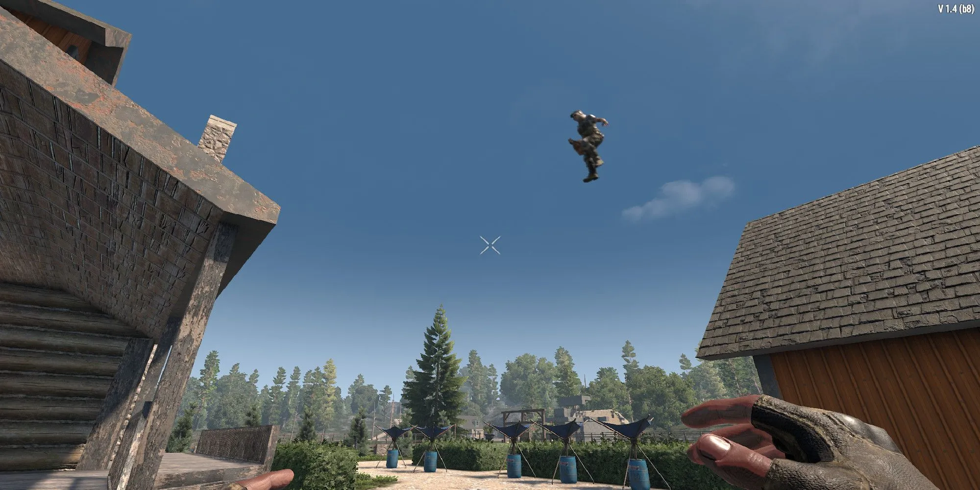 Người chơi nhảy giữa các mái nhà, minh họa cho perk Parkour trong 7 Days to Die.