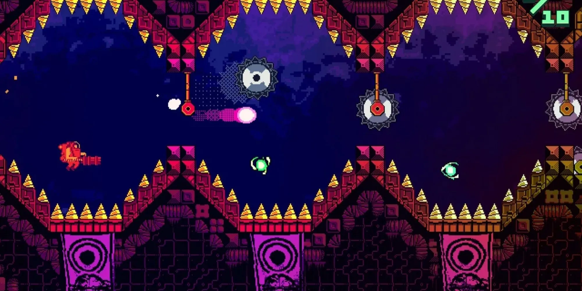 Nhân vật bắn súng để bay lên trong màn chơi neon tốc độ cao của game ATOMIK RunGunJumpGun