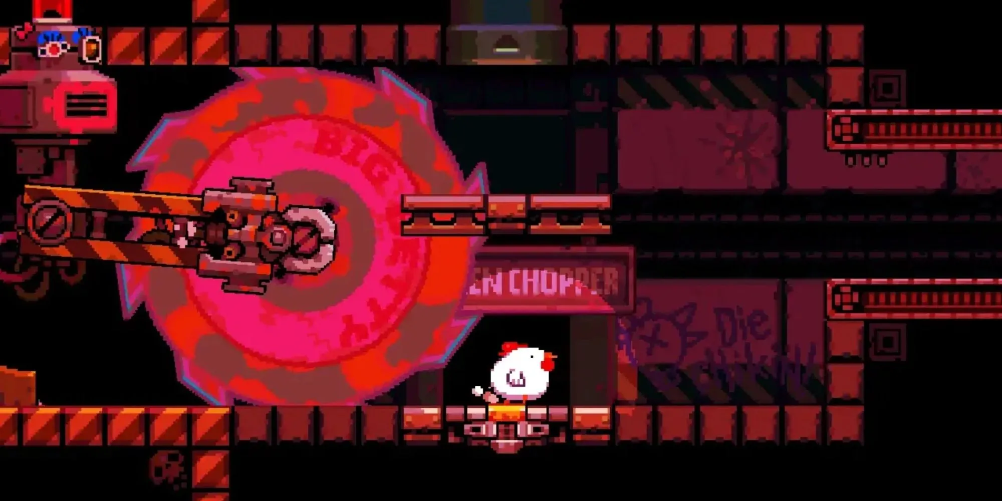 Nhân vật gà đang đẻ và xếp chồng các quả bom để leo lên trong game Bomb Chicken