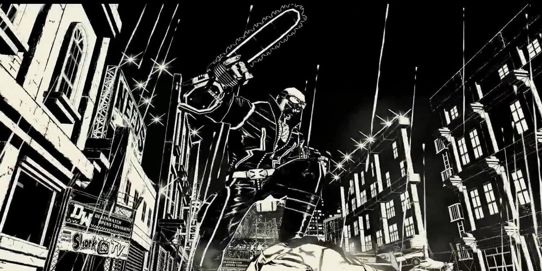 Nhân vật Jack với cưa máy trong game MadWorld đồ họa đen trắng ấn tượng