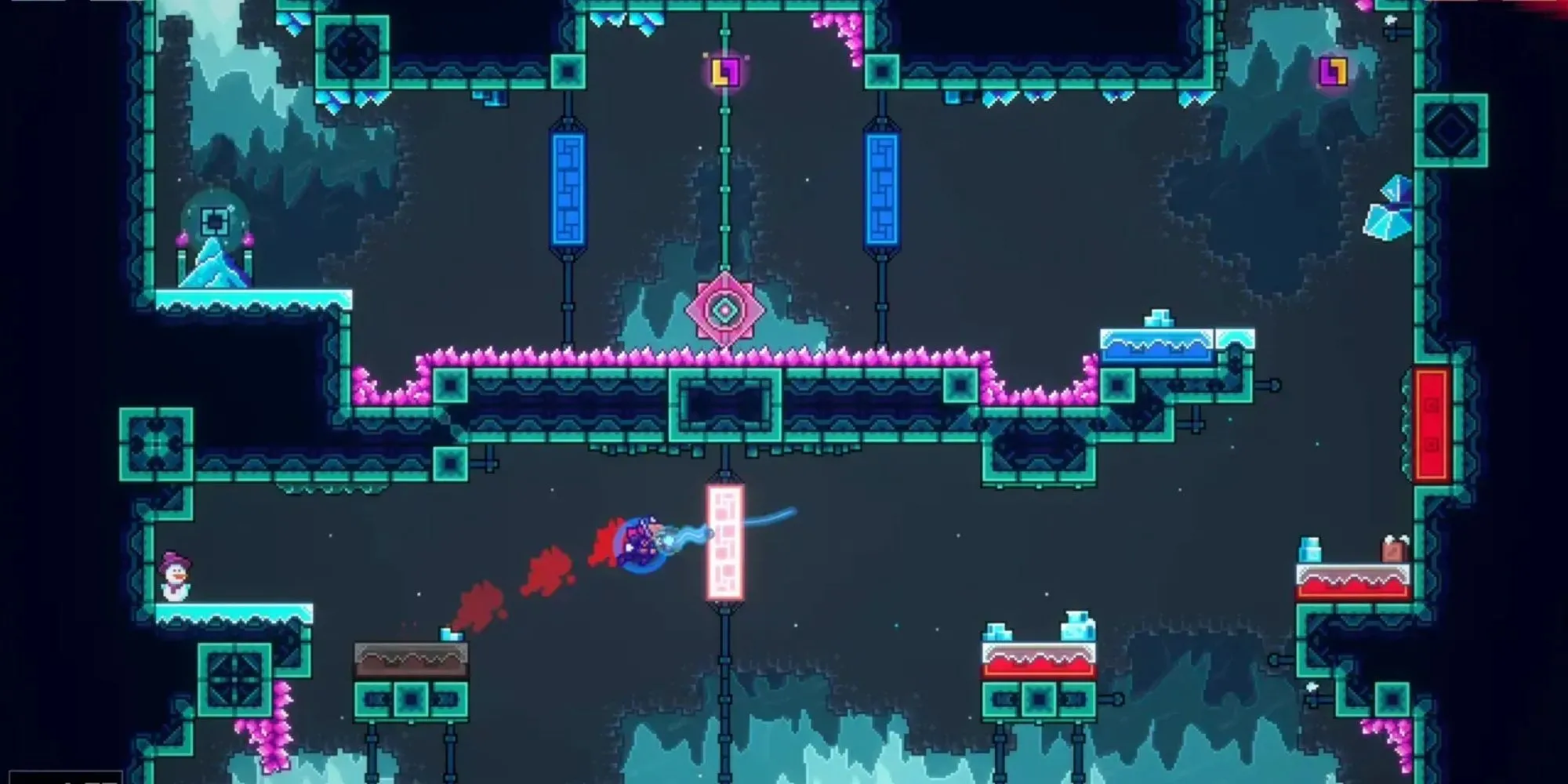 Nhân vật robot dùng nam châm đỏ và xanh để di chuyển qua chướng ngại vật trong game Super Magbot