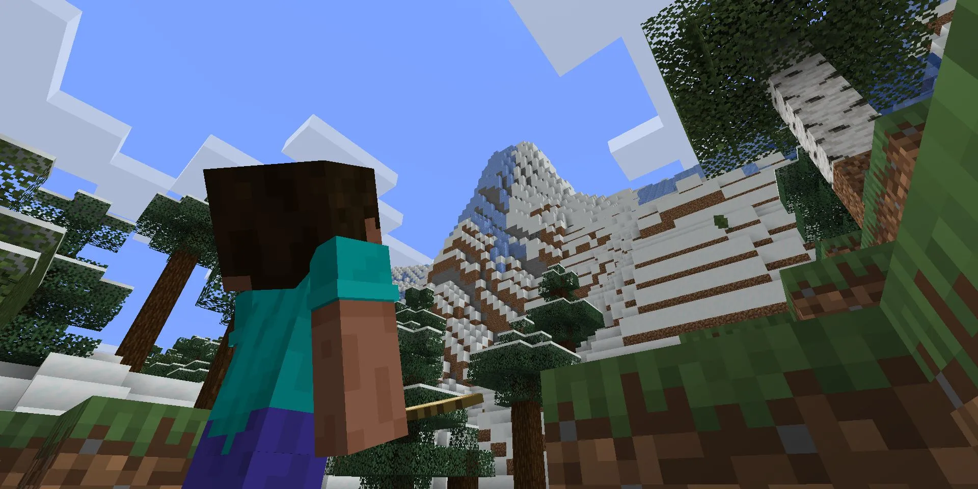 Nhân vật Steve nhìn lên vách núi lớn trong game Minecraft