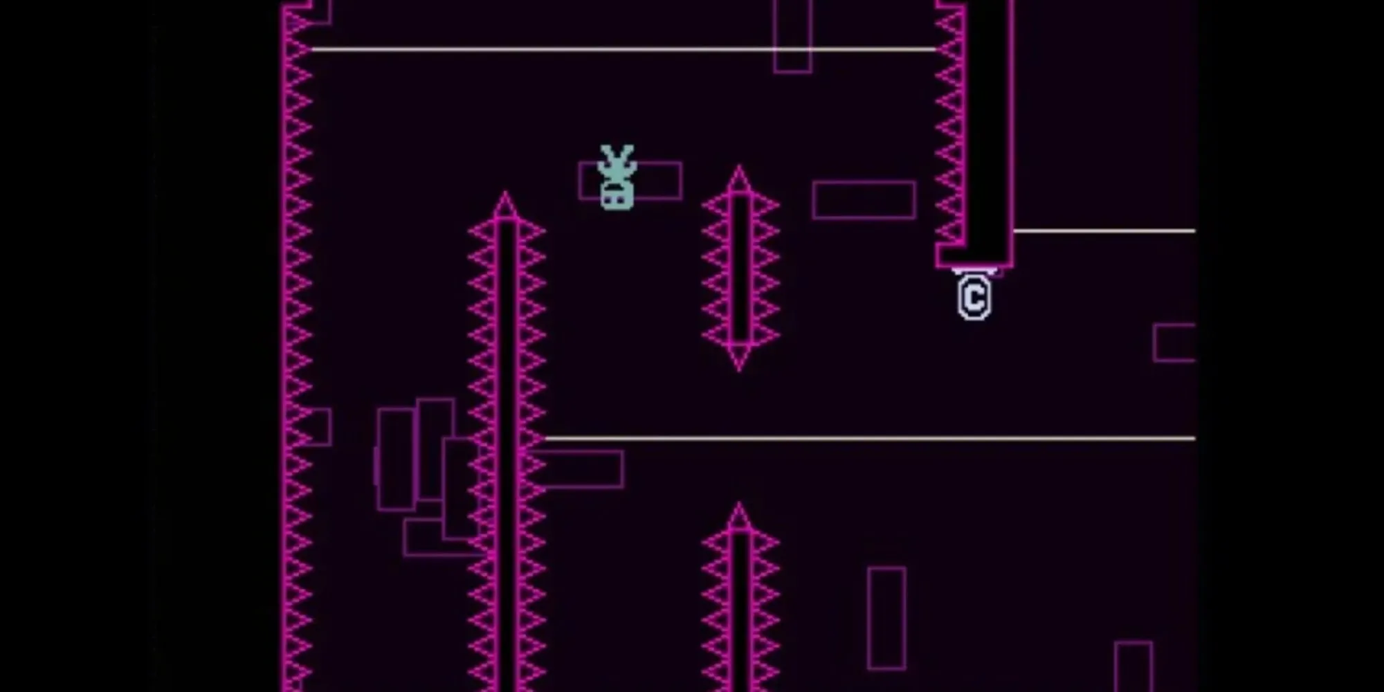 Nhân vật Victoire đang đổi trọng lực để di chuyển giữa các chướng ngại vật trong game retro VVVVVV