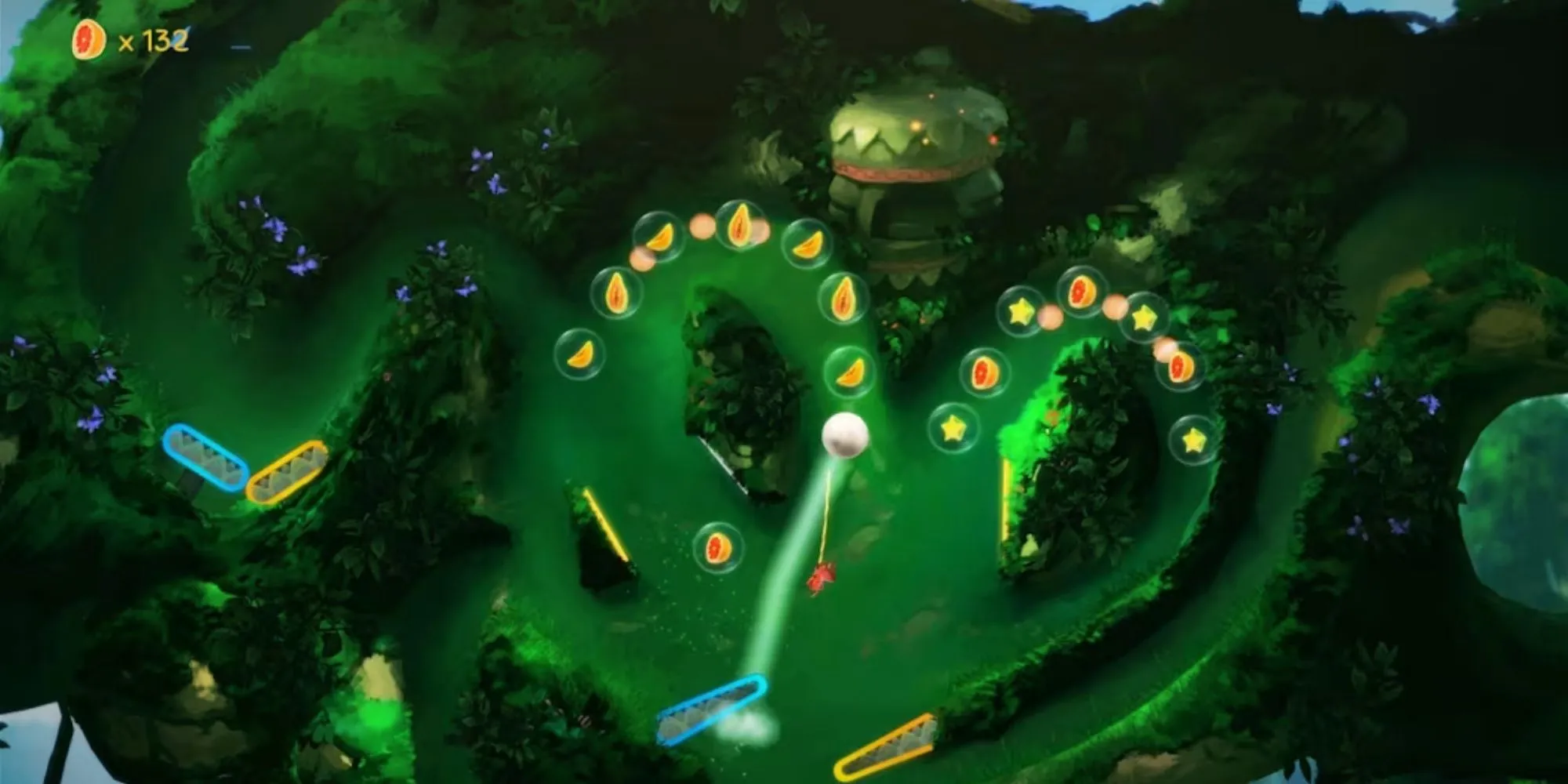 Nhân vật Yoku (bọ hung) được đẩy bằng cần gạt pinball trong môi trường game Yoku's Island Express