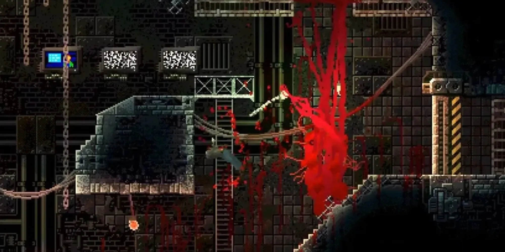 Quái vật màu đỏ bò trên trần nhà trong game Metroidvania kinh dị CARRION