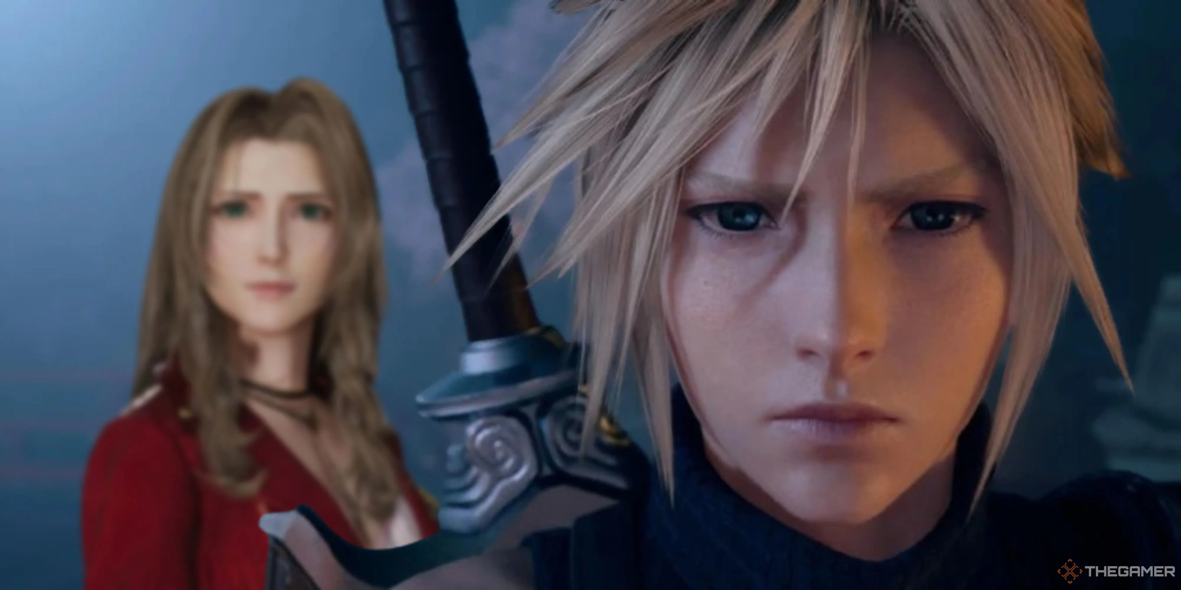 Aerith đứng sau lưng Cloud Strife trong game Final Fantasy 7