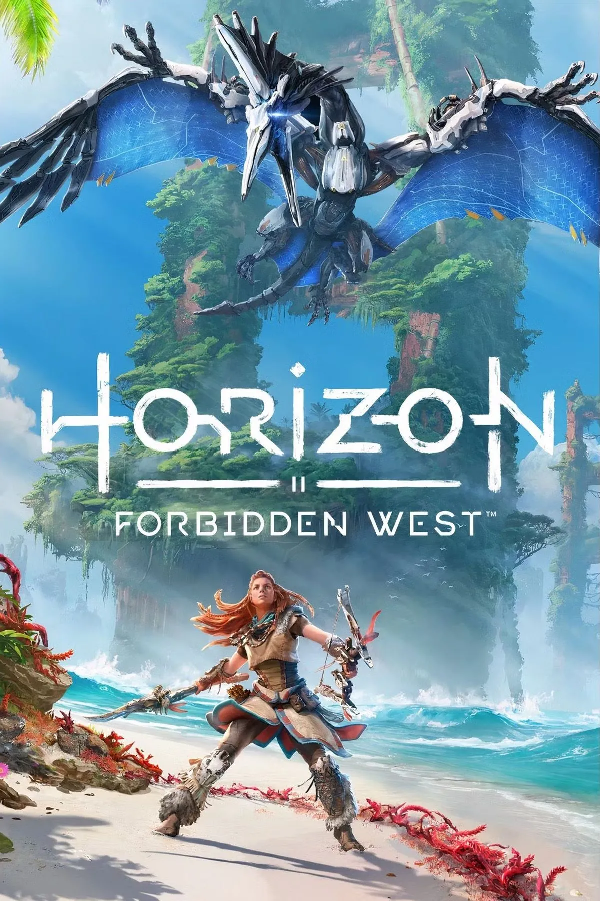 Aloy, nhân vật chính của Horizon Forbidden West, đang đứng giữa một khu rừng với cây cối xanh tốt, ánh sáng mặt trời rọi qua kẽ lá, cảnh quan đẹp mắt