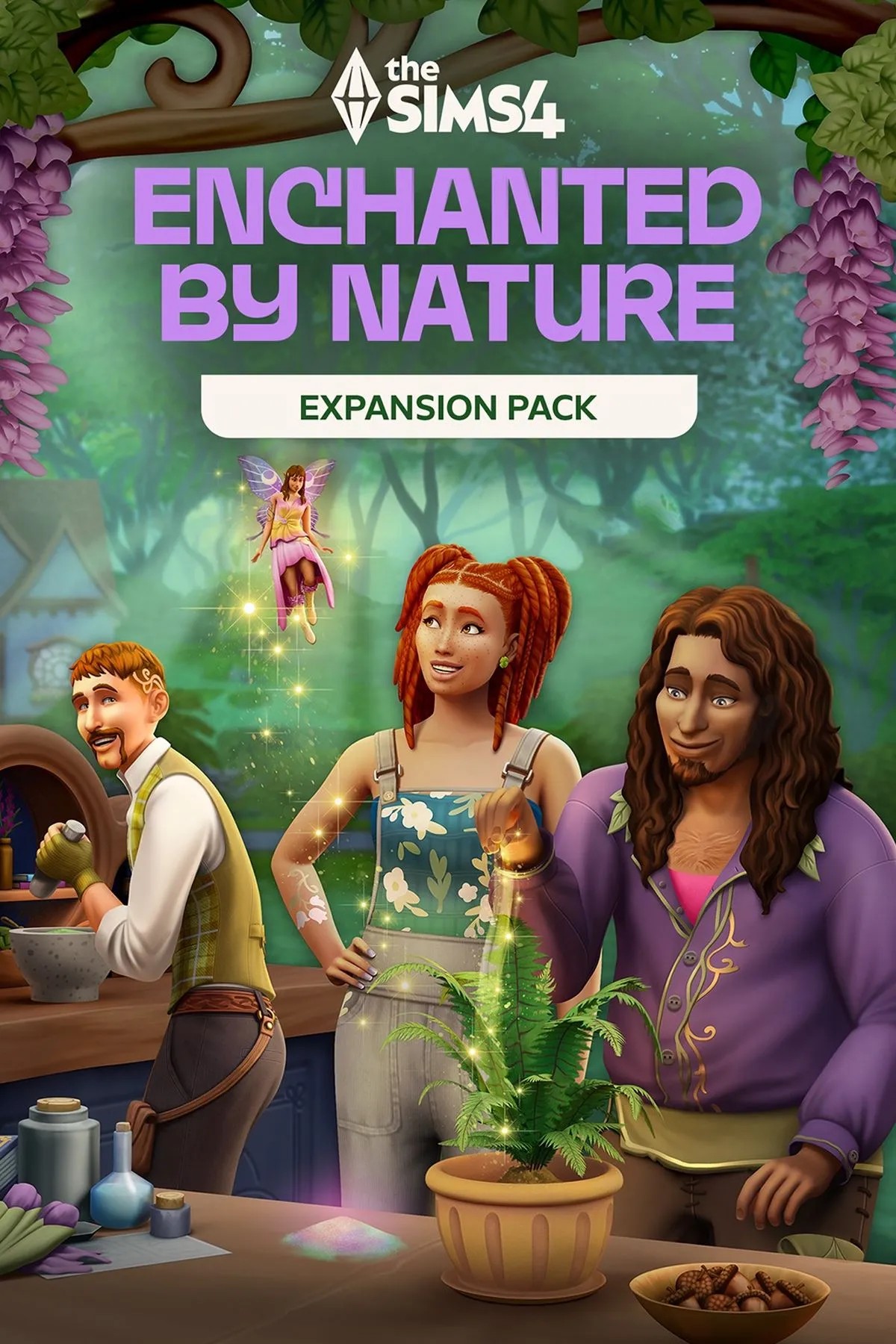 Ảnh bìa chính thức của gói mở rộng Enchanted by Nature cho The Sims 4, biểu tượng cho thế giới phép thuật và các loại cây cỏ đặc biệt.