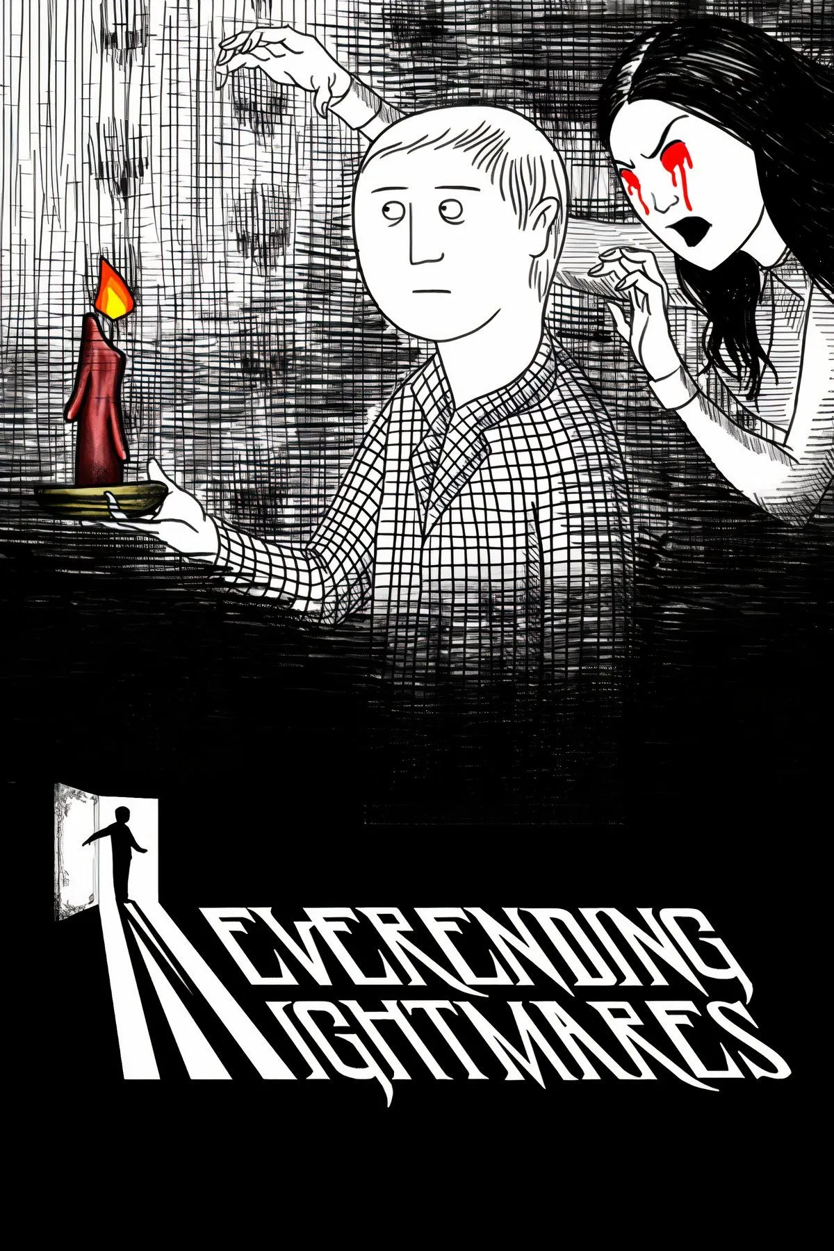 Ảnh bìa game Neverending Nightmares, thể hiện phong cách vẽ tay đen trắng u ám, phản ánh nội dung kinh dị tâm lý của trò chơi.
