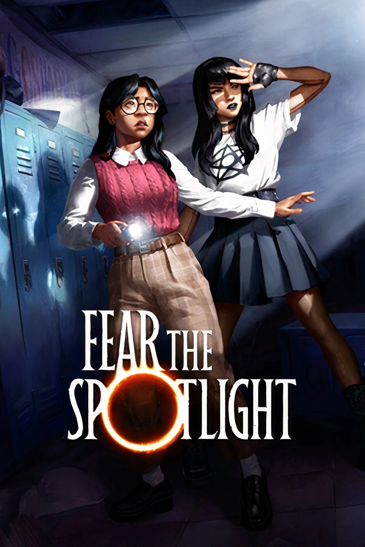 Ảnh bìa kinh dị của Fear the Spotlight, mô tả nhân vật chính đang đối mặt với một thực thể quái dị được chiếu sáng, gợi mở không khí căng thẳng của một tựa game kinh dị giải đố.