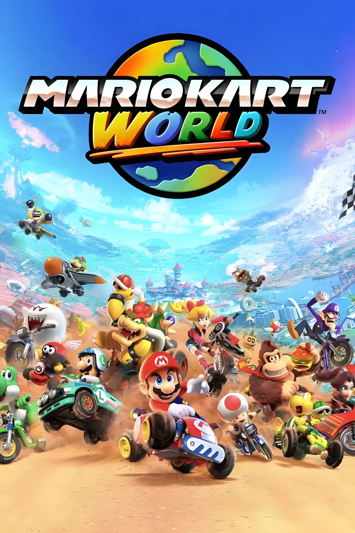 Ảnh bìa Mario Kart World với các nhân vật quen thuộc của Nintendo đang đua xe trên một đường đua rộng lớn, tượng trưng cho thế giới mở và chế độ Grand Prix hấp dẫn của game.