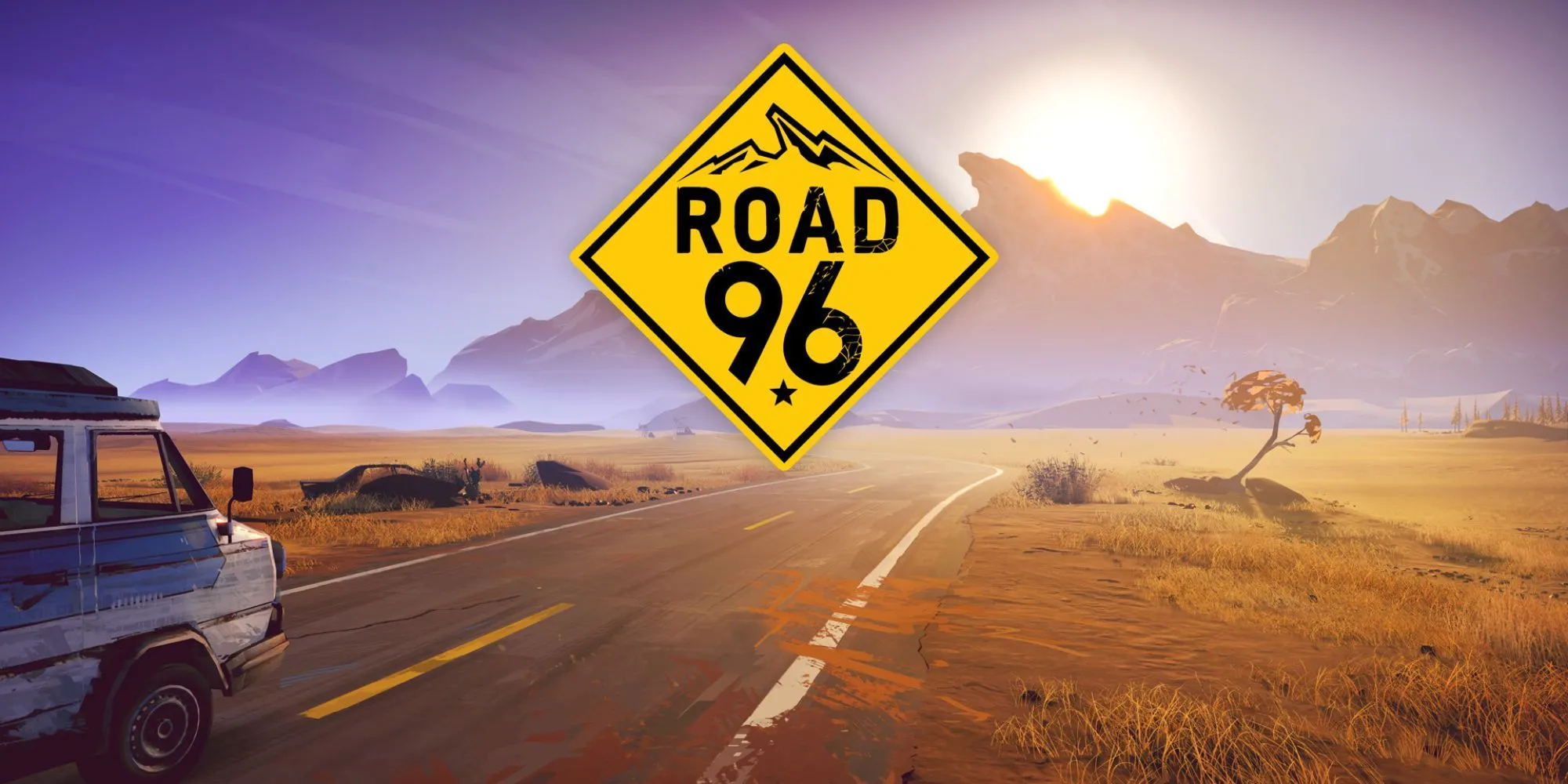 Ảnh bìa Road 96 mô tả con đường dài trên sa mạc, biểu tượng cho chuyến đi trốn thoát và các phương tiện di chuyển trong game.