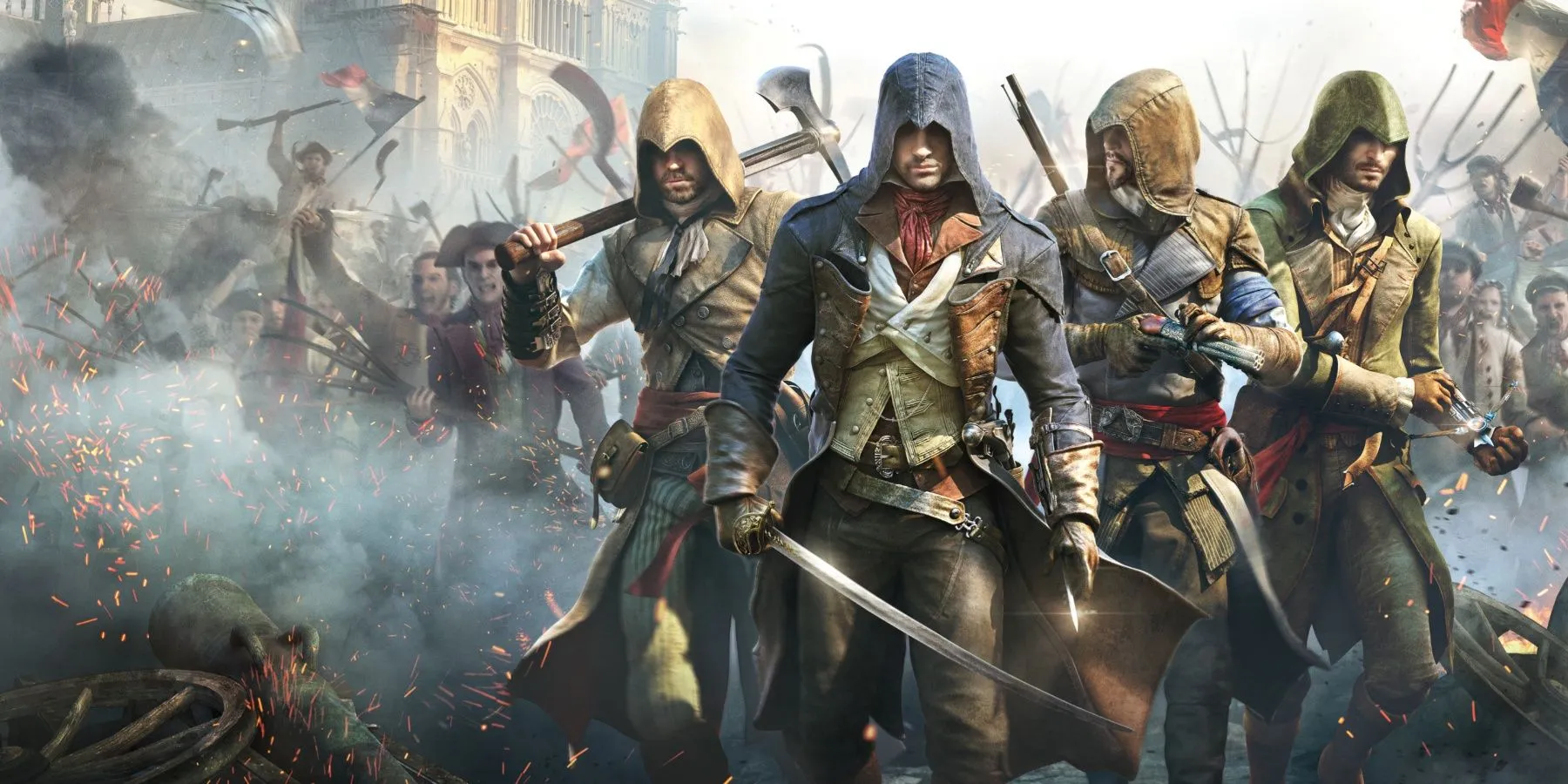 Arno Dorian đứng trên nóc nhà tại Paris giữa bối cảnh Cách mạng Pháp trong Assassin's Creed Unity, thể hiện kiến trúc cổ kính và sự hỗn loạn của thời cuộc