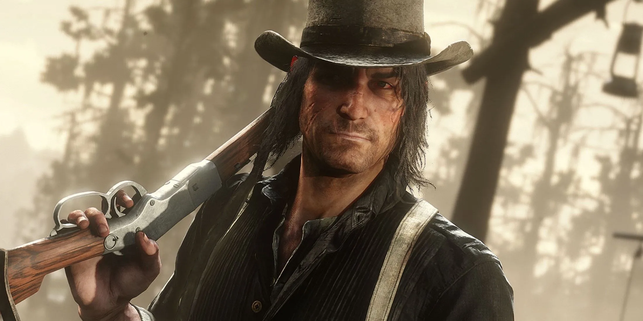 Arthur Morgan cầm súng trường đứng giữa khung cảnh núi non hùng vĩ trong Red Dead Redemption 2, khắc họa miền Viễn Tây hoang dã sắp lụi tàn