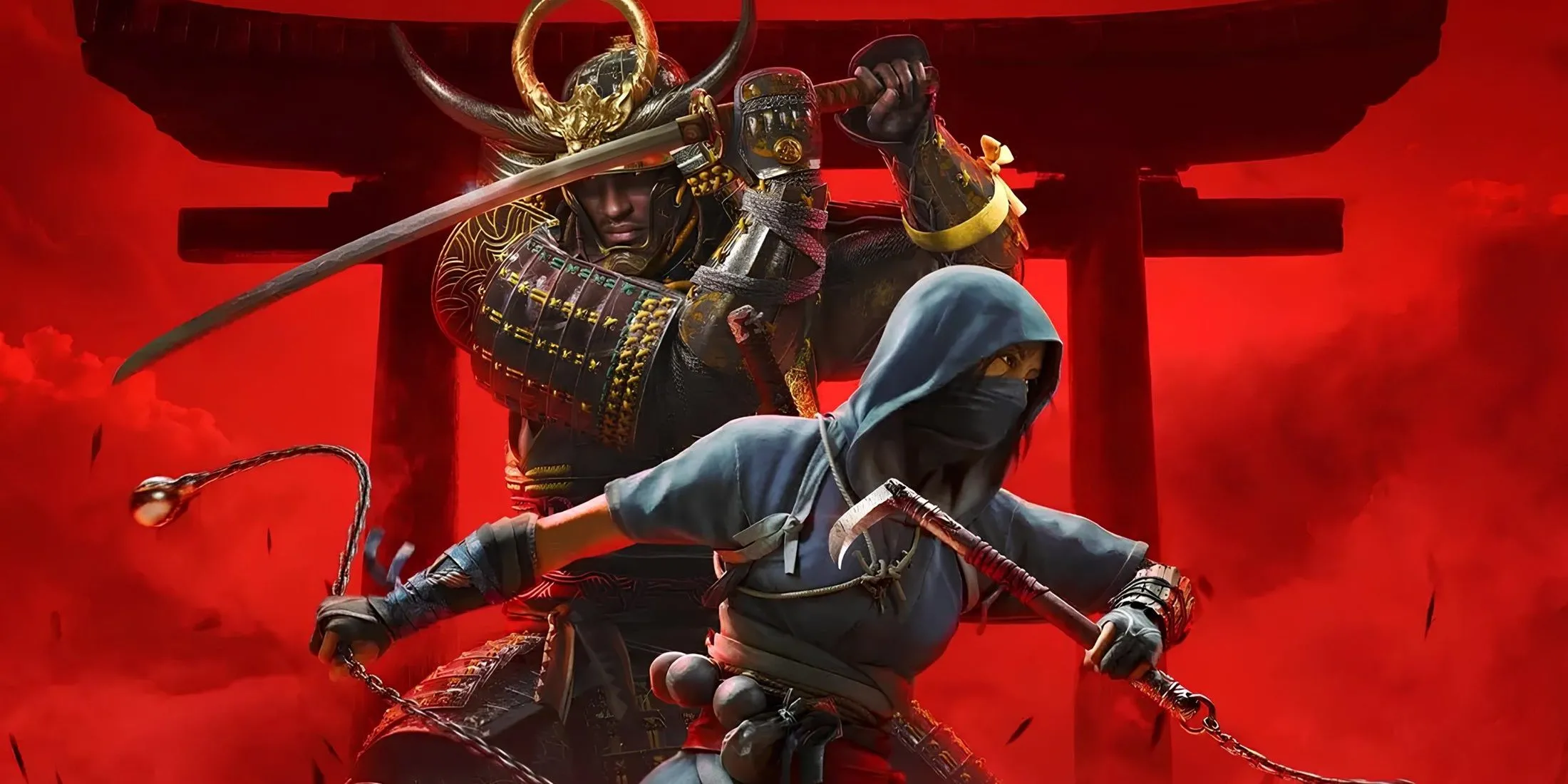 Artwork chính thức của Assassin's Creed Shadows với Yasuke và Naoe, khắc họa bối cảnh Nhật Bản thời kỳ Sengoku đầy biến động