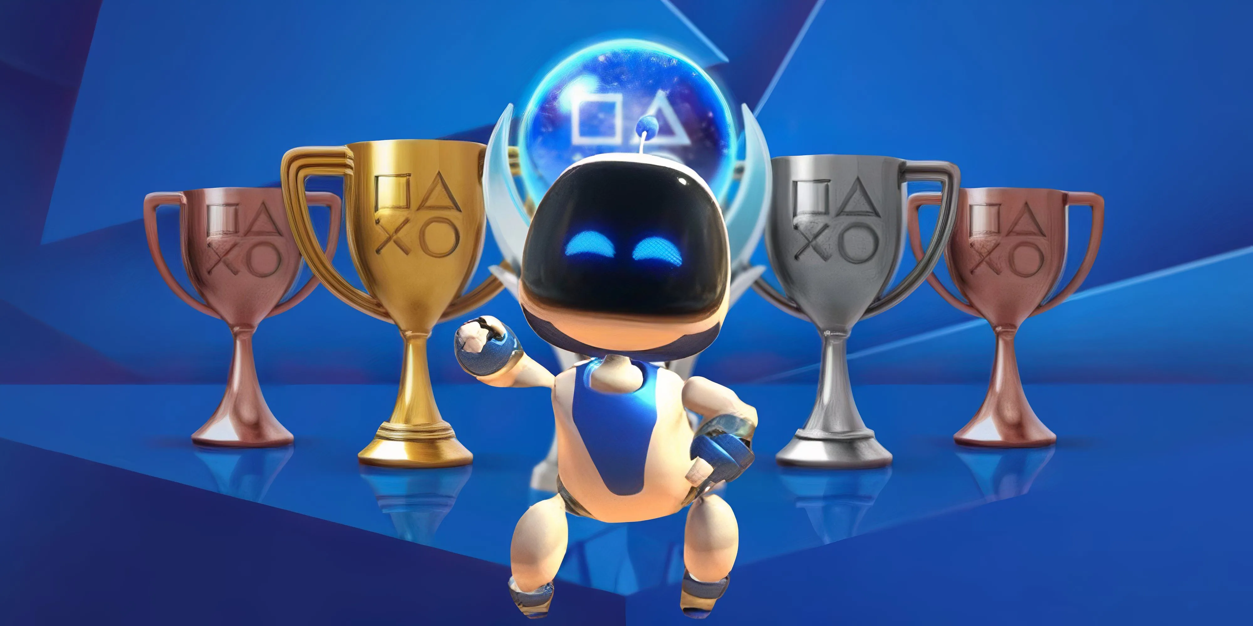Astro Bot nhảy múa đầy tự mãn trước bộ sưu tập cúp PlayStation sáng chói.