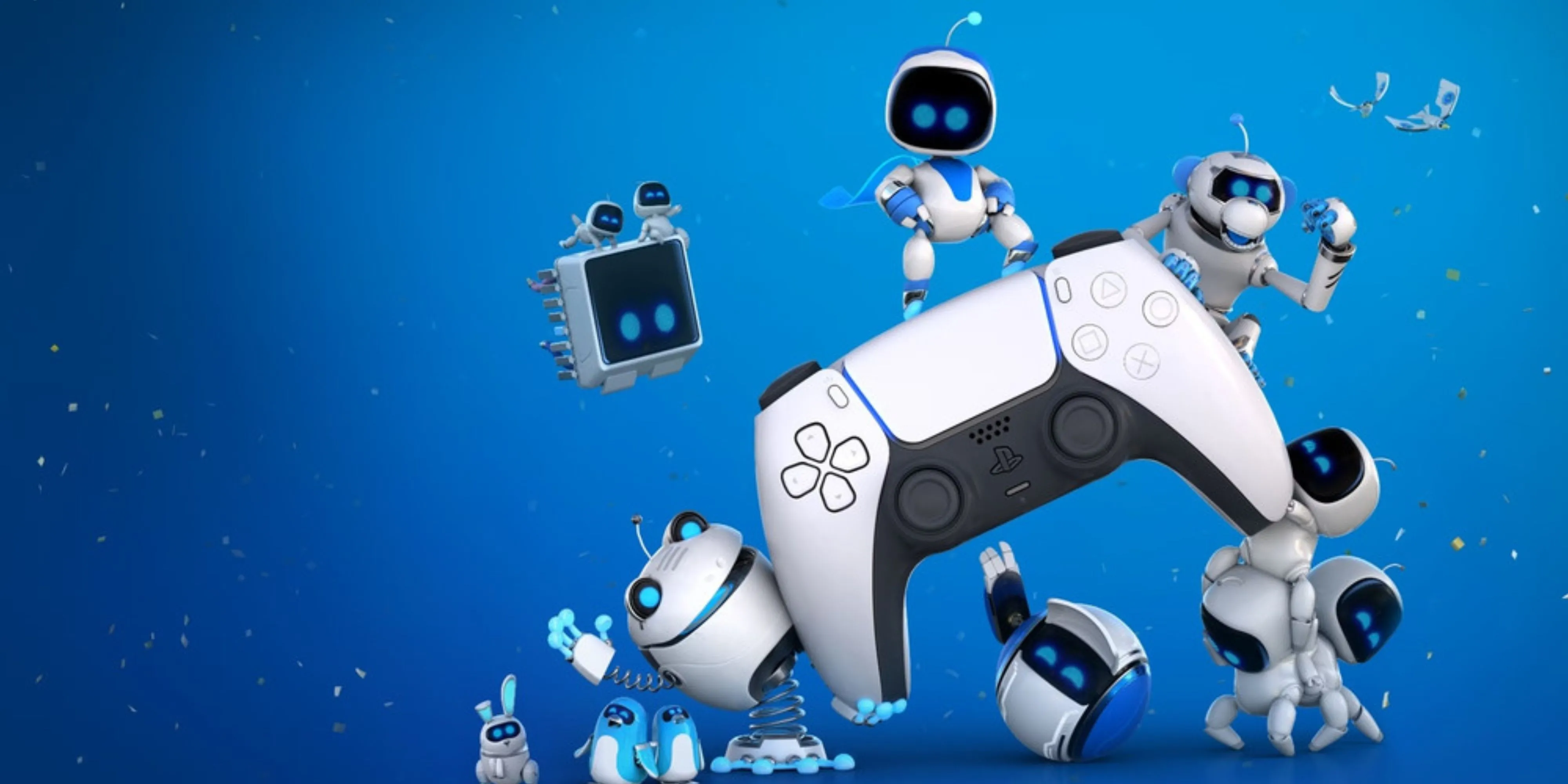 Astro Bot và những người bạn bot đứng trên tay cầm DualSense, biểu tượng cho việc &quot;chiếm đóng&quot; PS5.