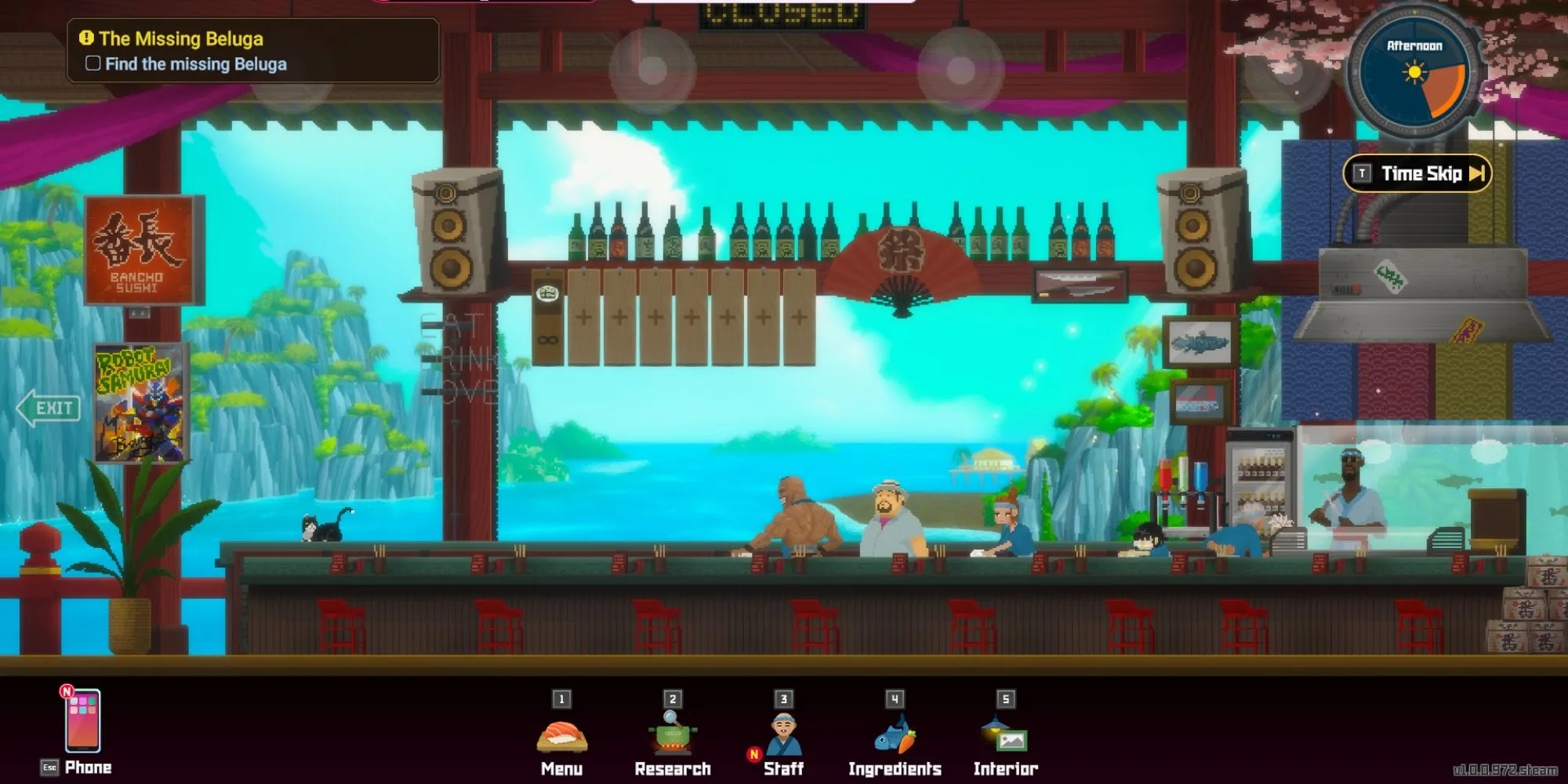 Bancho's Sushi Restaurant vào ban ngày trong Dave the Diver, thể hiện khía cạnh quản lý nhà hàng và giao tiếp với khách hàng