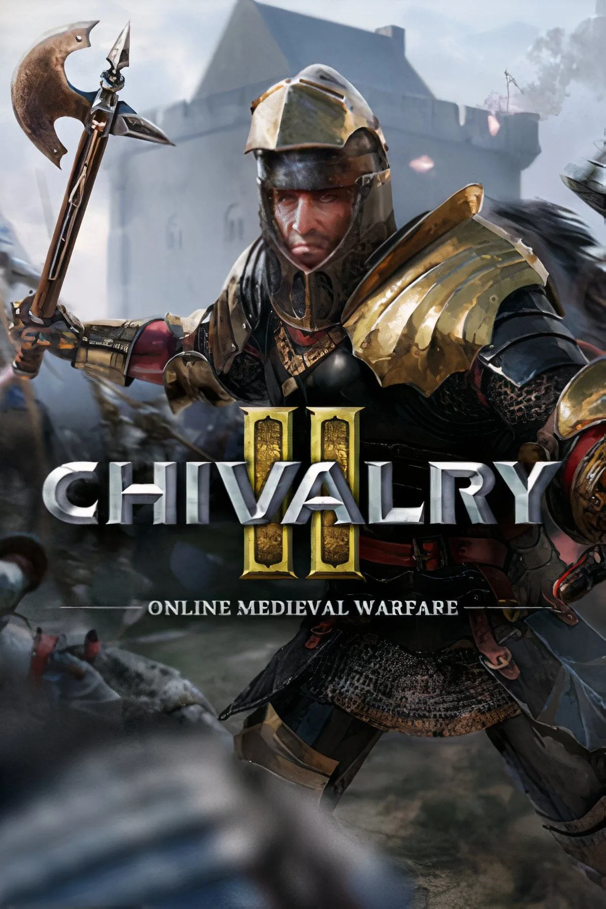 Bìa game Chivalry 2 với các hiệp sĩ đang giao chiến, thể hiện sự hỗn loạn và kịch tính của chiến trường thời Trung Cổ