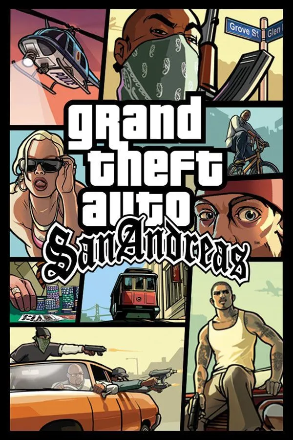 Bìa game Grand Theft Auto San Andreas, với nhân vật chính Carl Johnson (CJ)