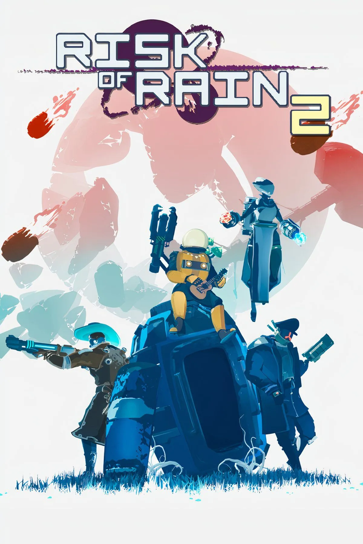 Bìa game Risk of Rain 2 với các nhân vật khác nhau đối đầu với quái vật ngoài hành tinh, thể hiện lối chơi roguelike co-op