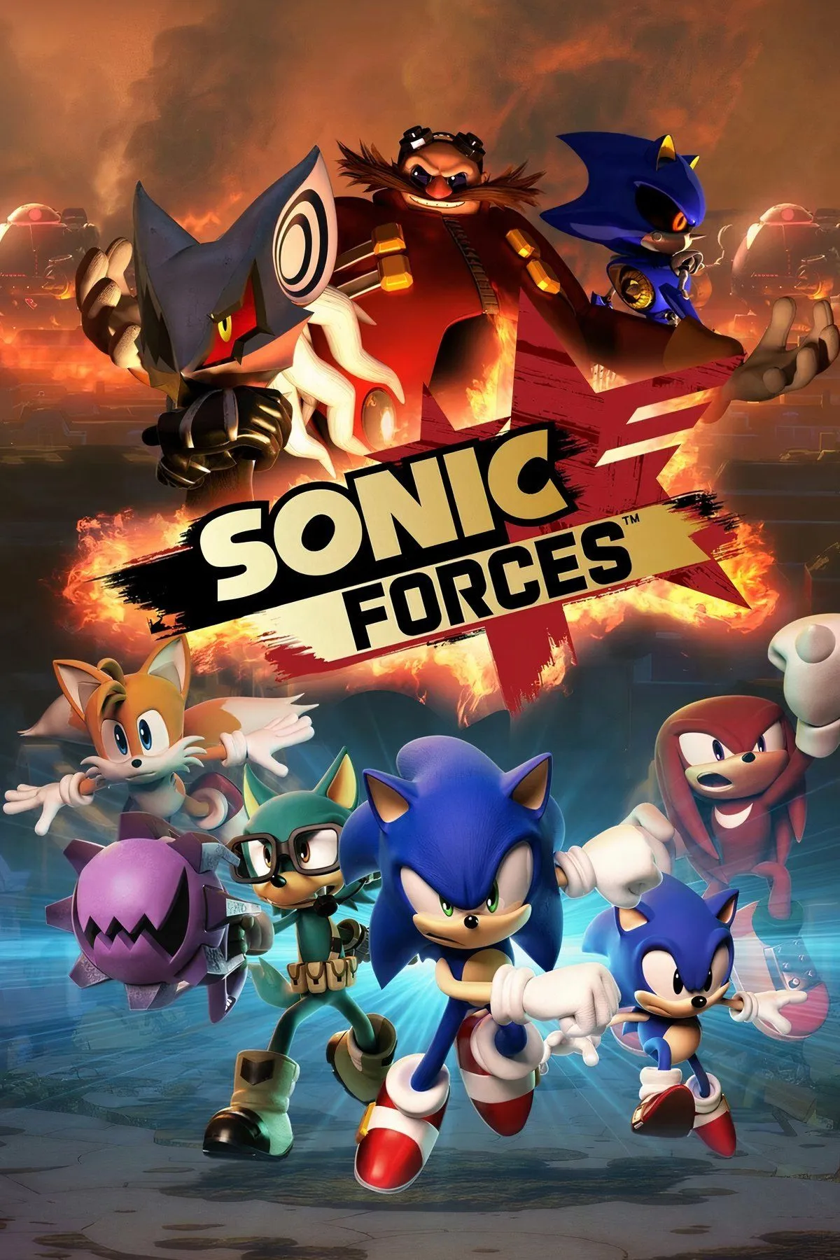 Bìa game Sonic Forces, với các nhân vật Sonic quen thuộc và phản diện Infinite.