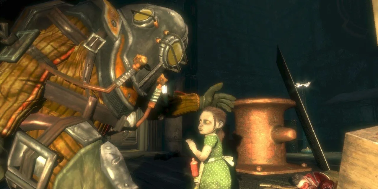 Big Daddy loại Rosie bảo vệ Little Sister trong game BioShock