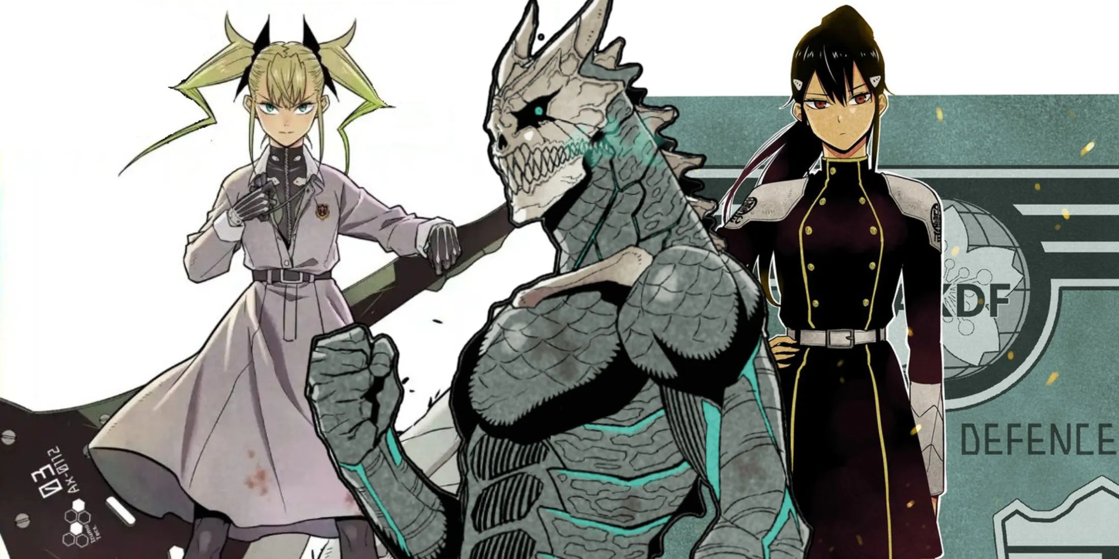 Bộ ba Kafka Hibino, Mina Ashiro và Kikoru Shinomiya trong một cảnh phim của Kaiju No. 8, tượng trưng cho những cái kết đẹp trong manga.