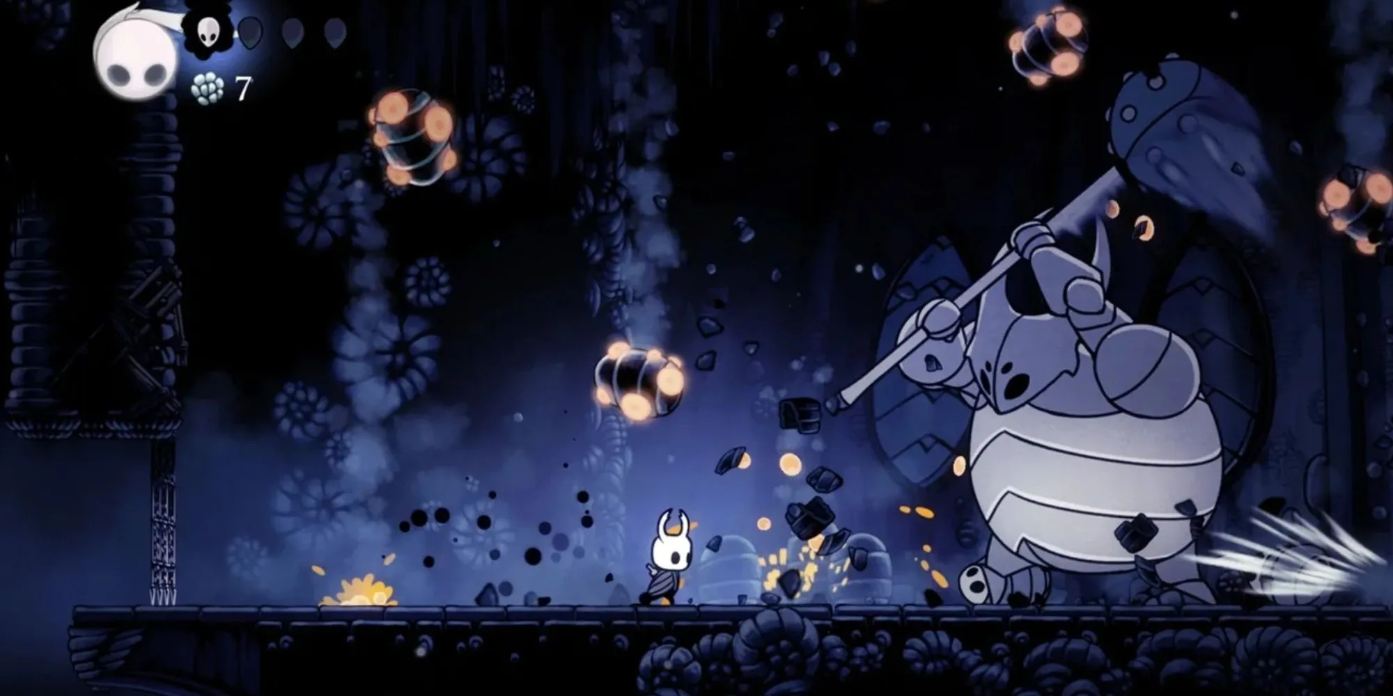 Bóng ma Hollow Knight đứng trước phong cảnh u ám của Hallownest