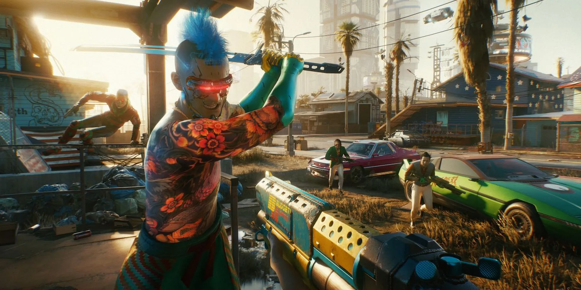 Cảnh chiến đấu trong Cyberpunk 2077 với nhân vật chính V