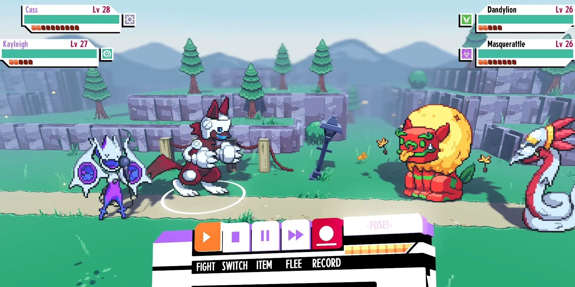 Cảnh chiến đấu trong game Cassette Beasts, thể hiện hai quái vật hợp nhất thành dạng mới.