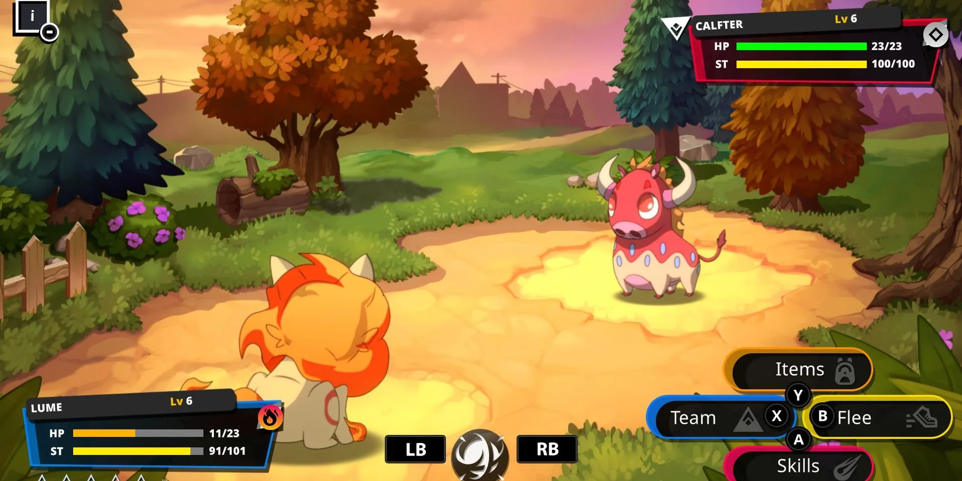 Cảnh chiến đấu trong game Nexomon: Extinction, với giao diện chiến đấu theo lượt giữa các quái vật.
