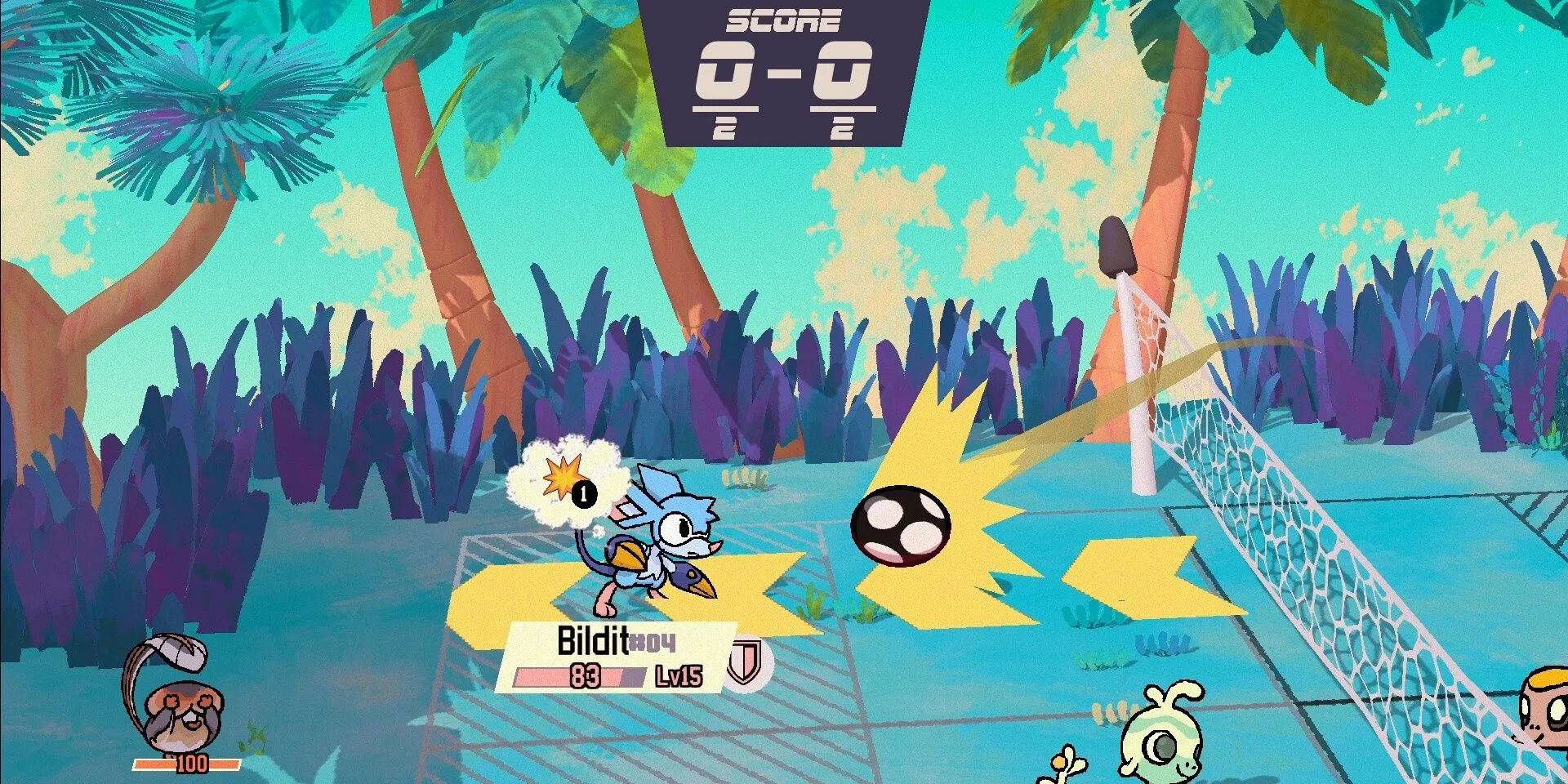 Cảnh chơi bóng chuyền chiến đấu trong game Beastieball, với các quái vật trên sân.