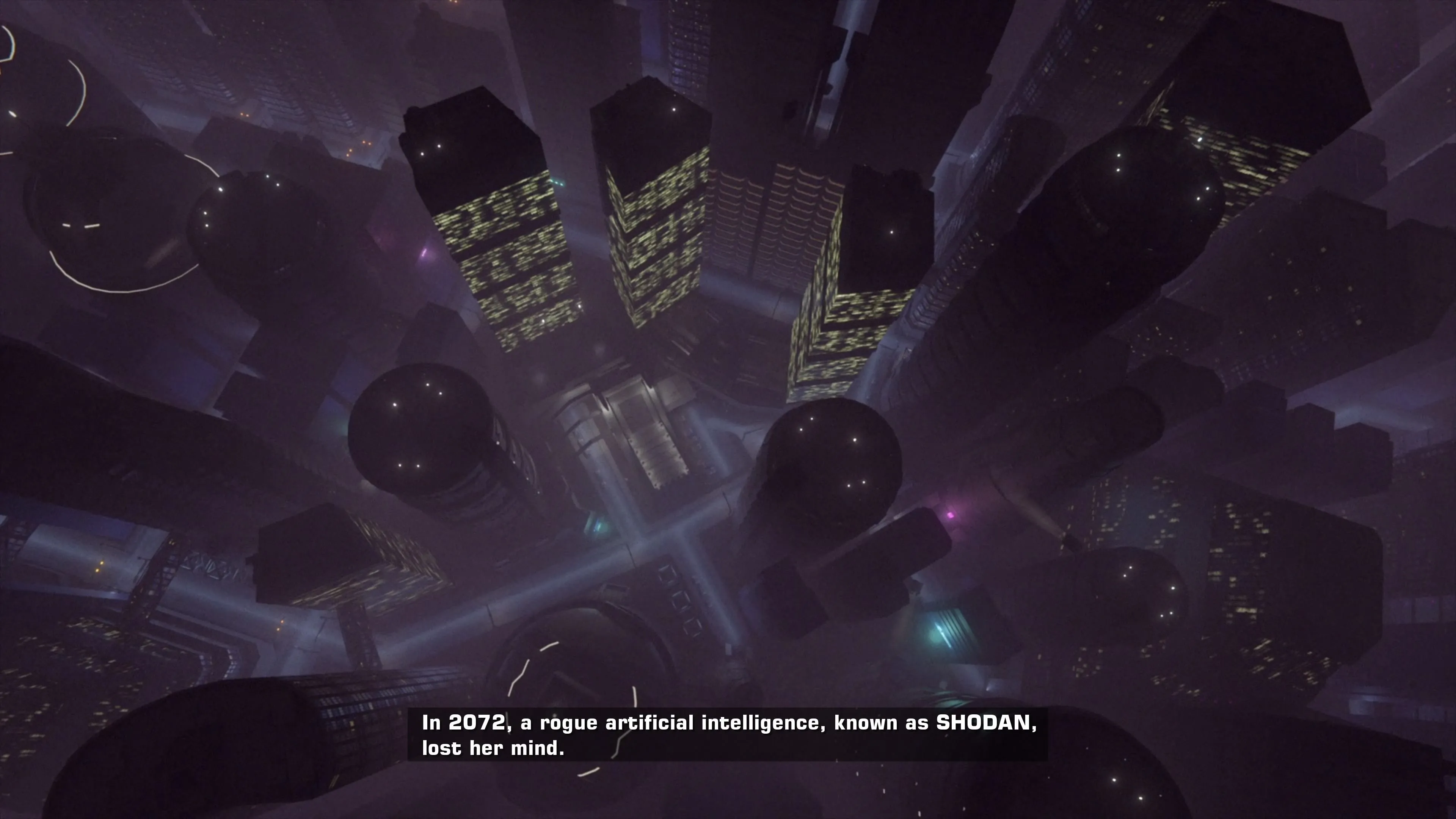 Cảnh quan thành phố hoặc trạm vũ trụ trong game System Shock 2, thể hiện bầu không khí sci-fi cổ điển