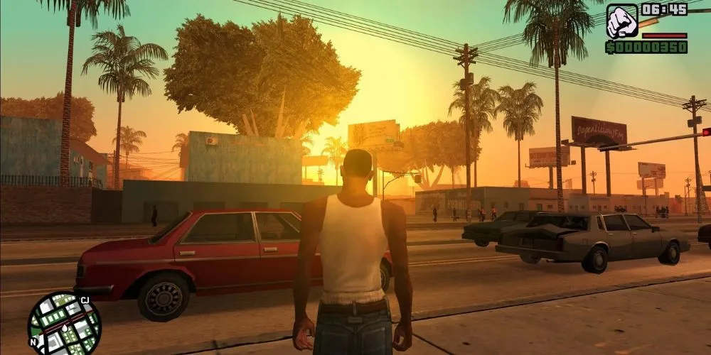 Carl Johnson (CJ) đứng trên đường phố Los Santos, thế giới mở rộng lớn trong GTA San Andreas