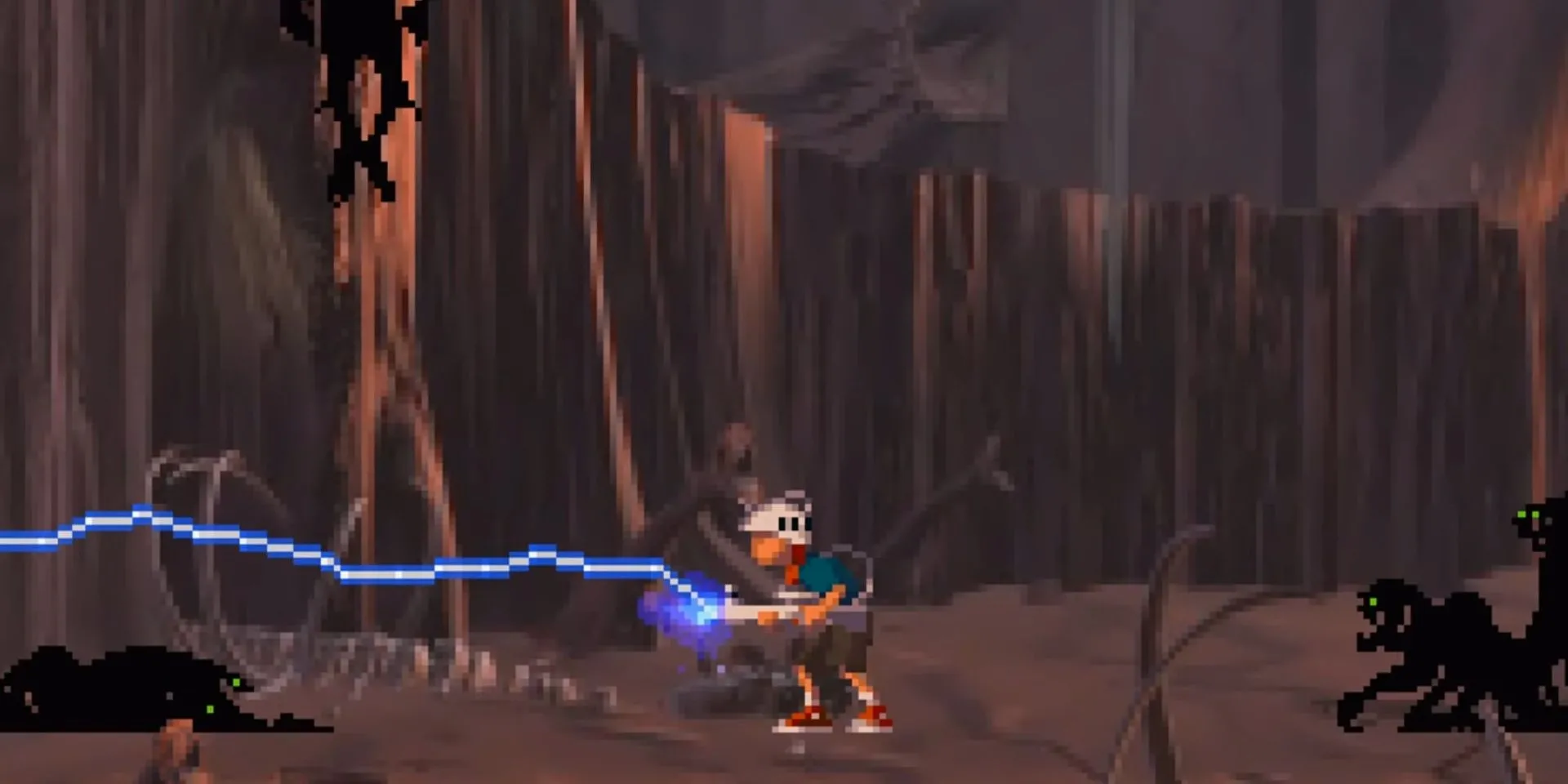 Cậu bé Andy dùng súng plasma chiến đấu với quái vật bóng tối trong Heart of Darkness, game platformer điện ảnh nổi tiếng trên PS1