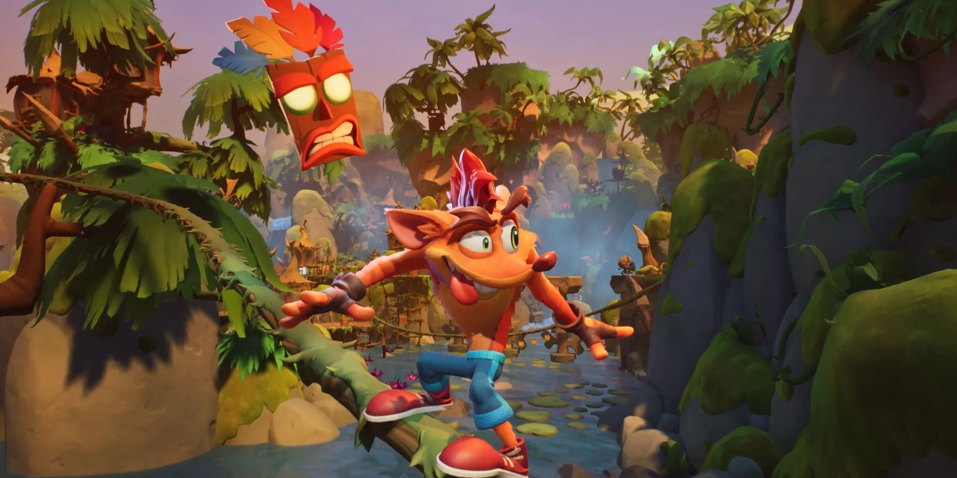 Crash Bandicoot trượt trên dây leo trong Crash Bandicoot 4, tái hiện những pha hành động kinh điển của series